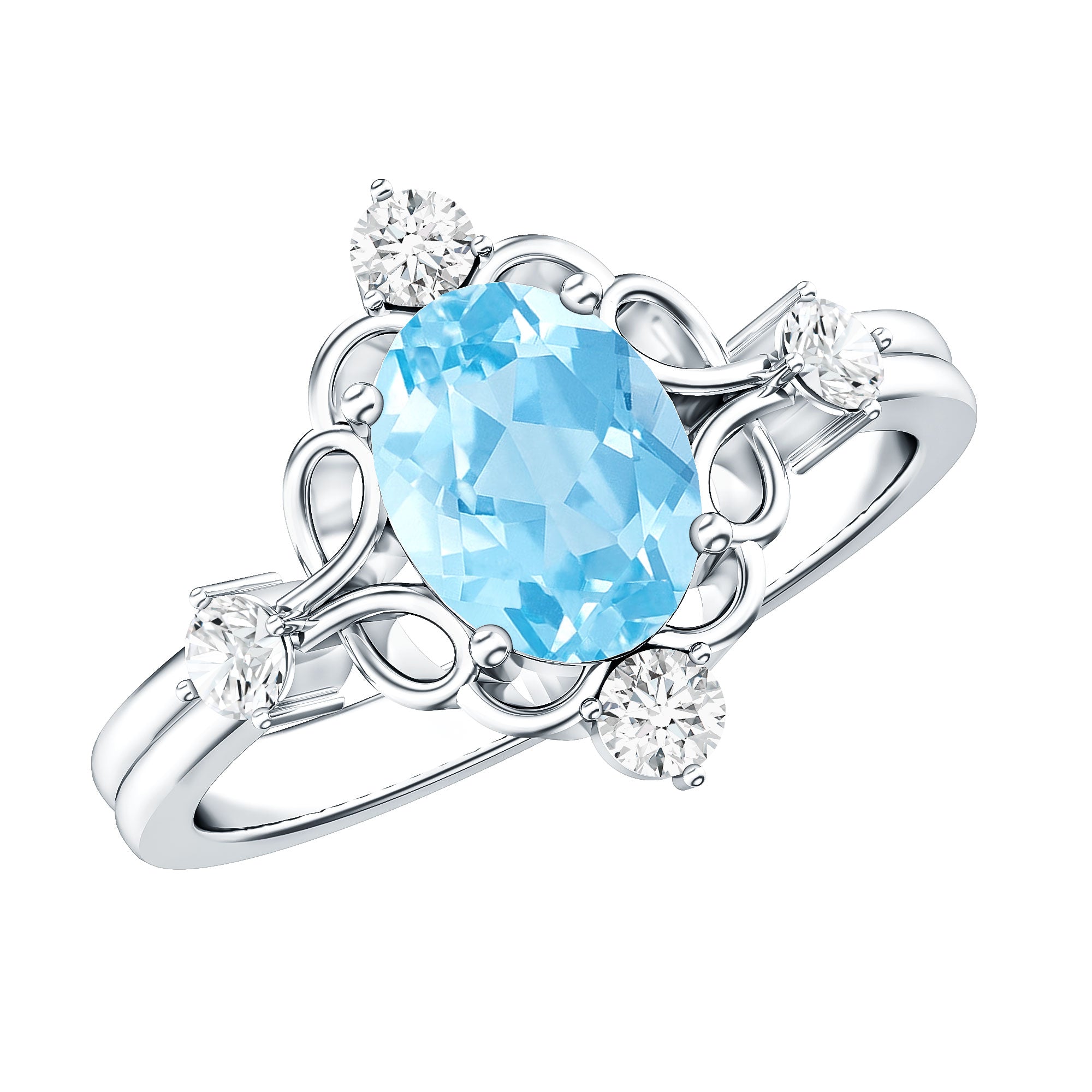 Art Deco Style 1 Carat Oval Shape Aquamarine and Diamond Cocktail Ring AAA - Rosec Jewels