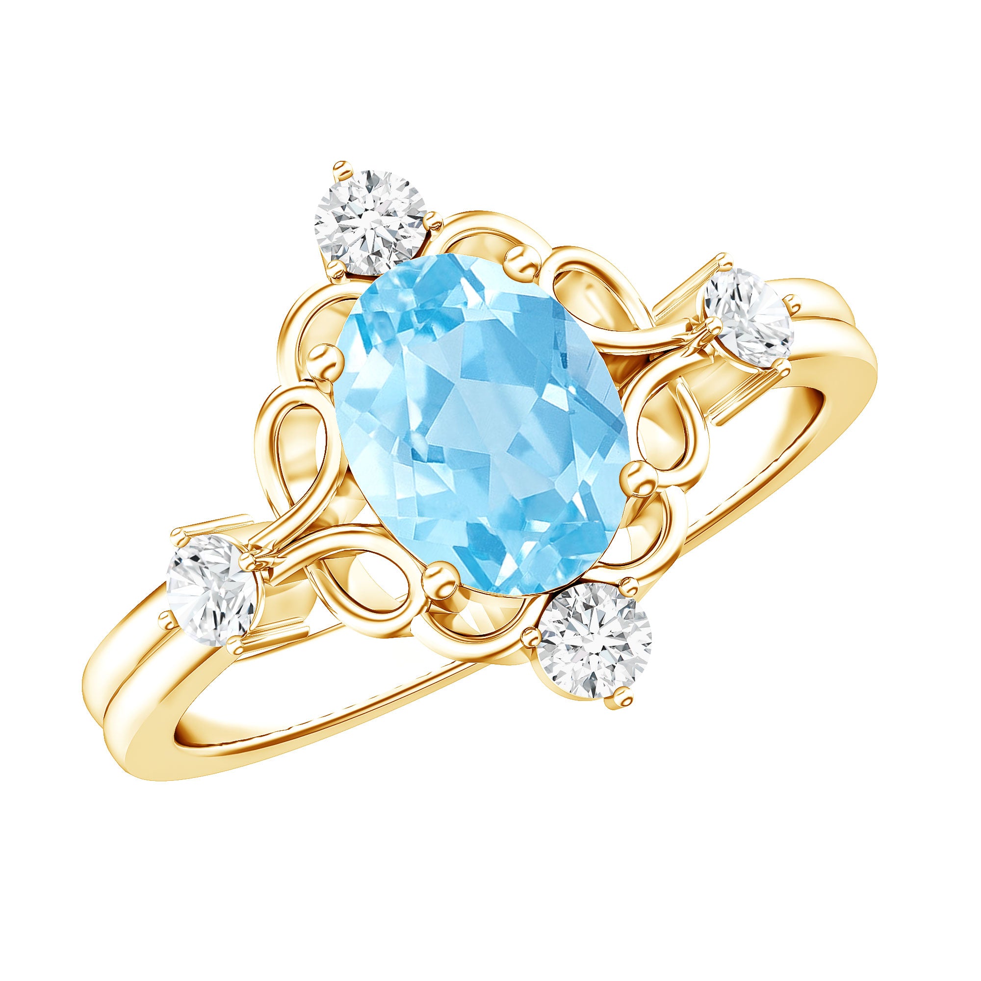 Art Deco Style 1 Carat Oval Shape Aquamarine and Diamond Cocktail Ring AAA - Rosec Jewels