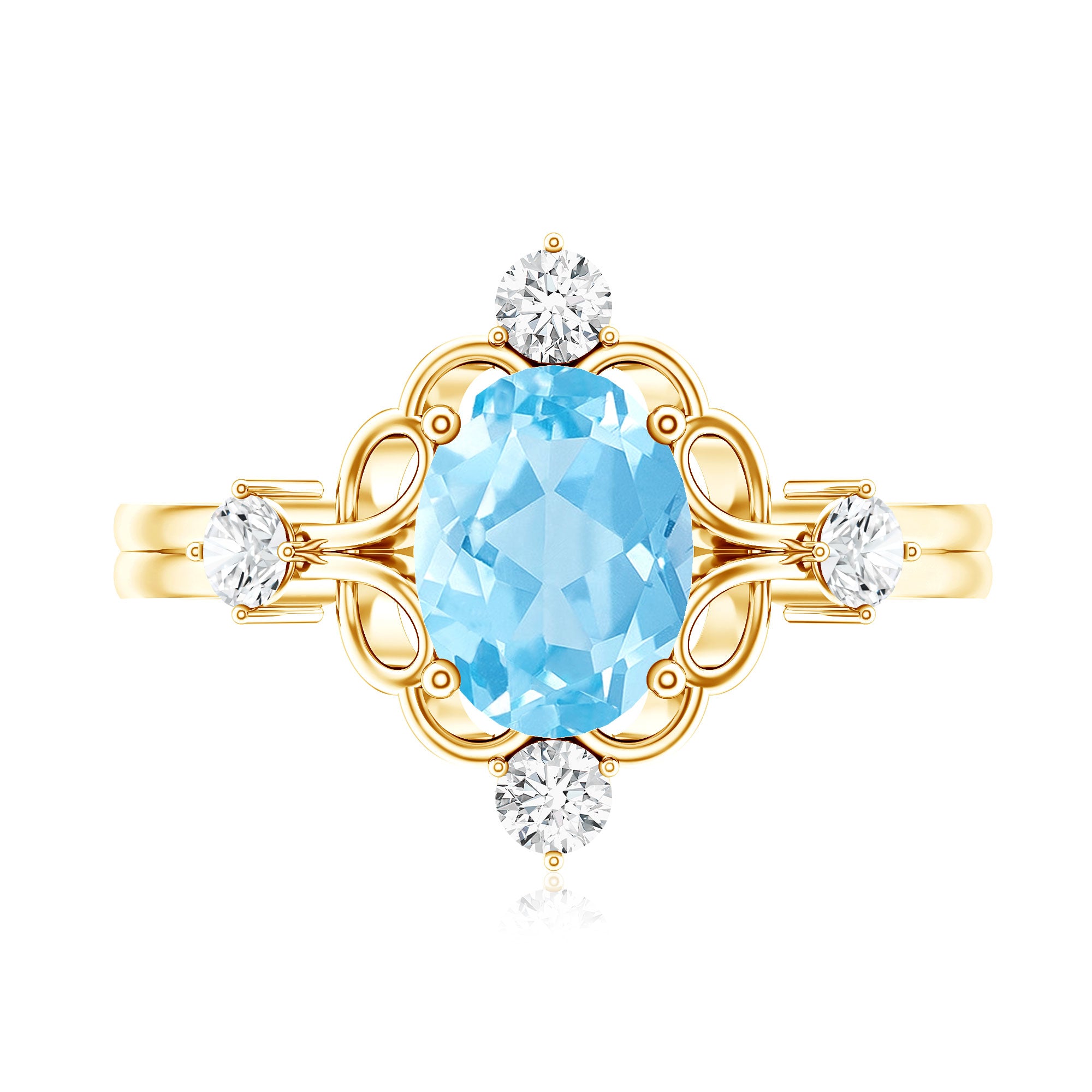 Art Deco Style 1 Carat Oval Shape Aquamarine and Diamond Cocktail Ring AAA - Rosec Jewels