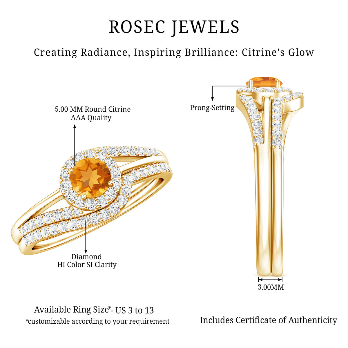 Genuine Citrine Engagement Ring with Diamond Wedding Band AAA - Rosec Jewels