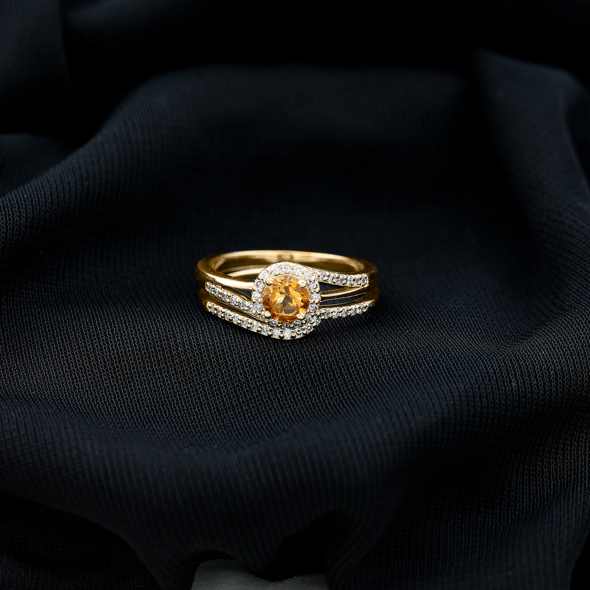 Genuine Citrine Engagement Ring with Diamond Wedding Band AAA - Rosec Jewels
