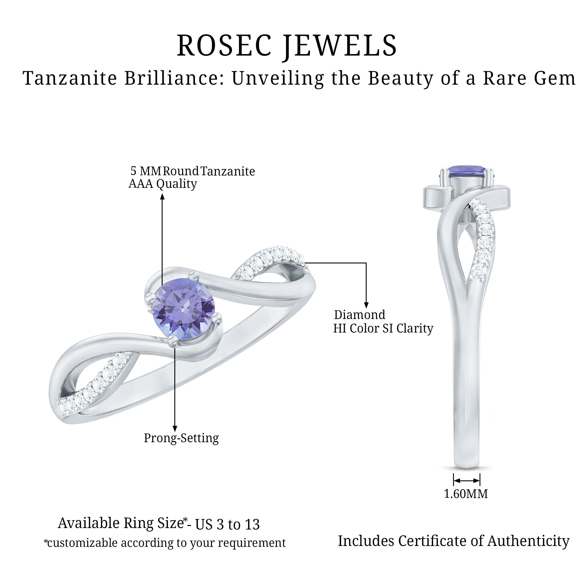 Real Tanzanite Diamond Promise Ring with Bypass Shank AAA - Rosec Jewels
