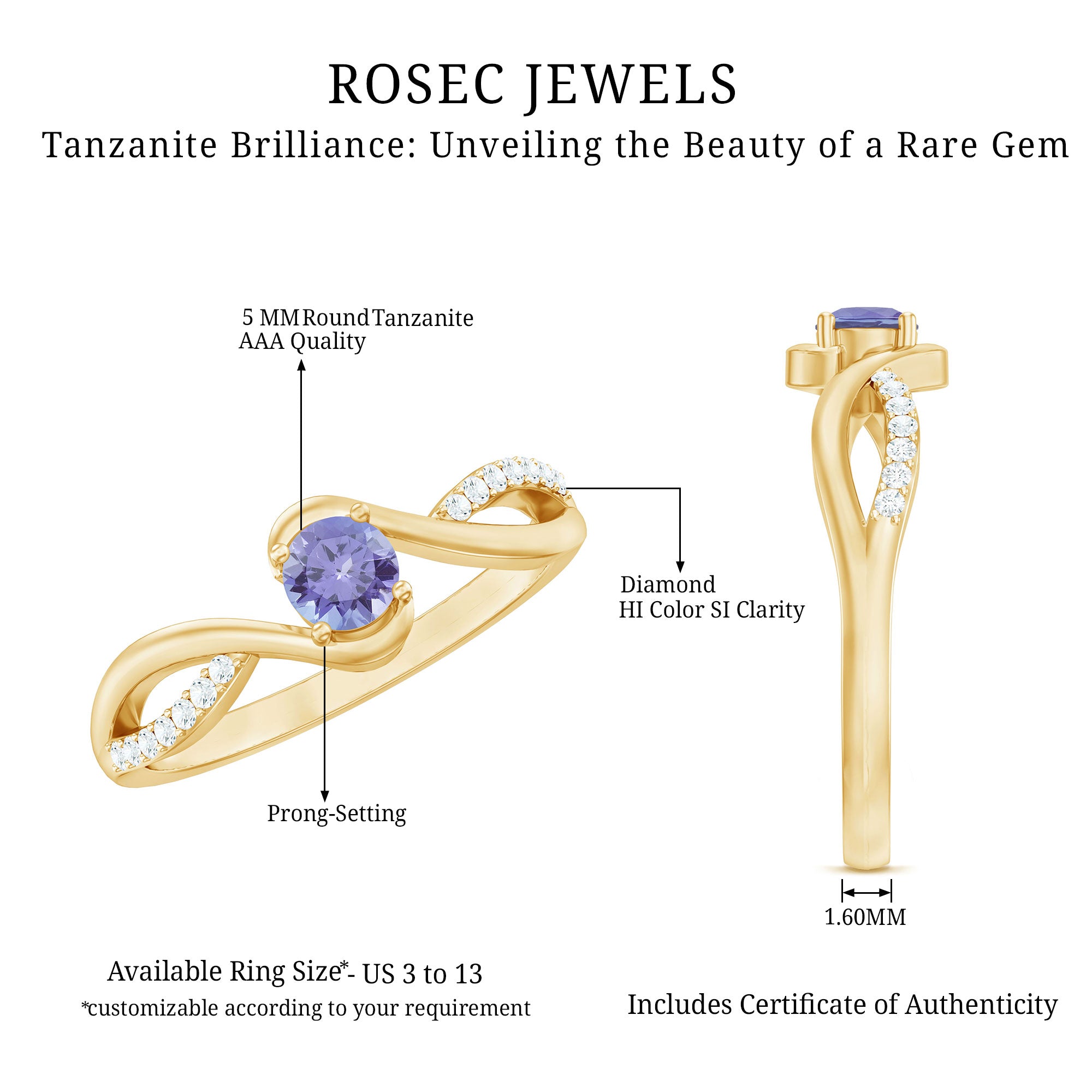 Real Tanzanite Diamond Promise Ring with Bypass Shank AAA - Rosec Jewels