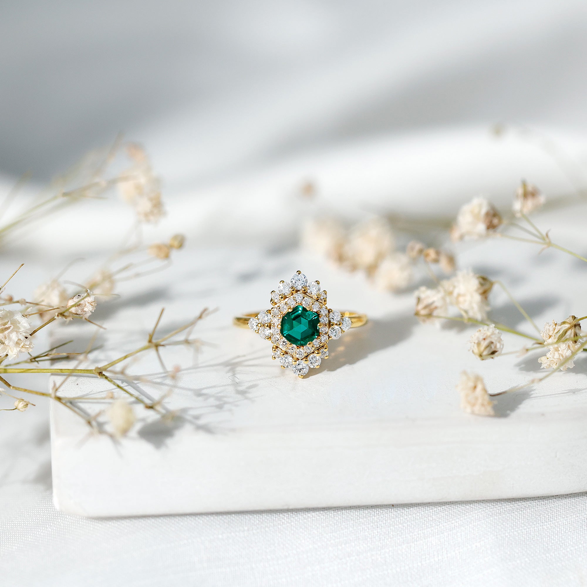 Rosec Jewels-Vintage Looking Lab Created Emerald and Diamond Engagement Ring in Silver