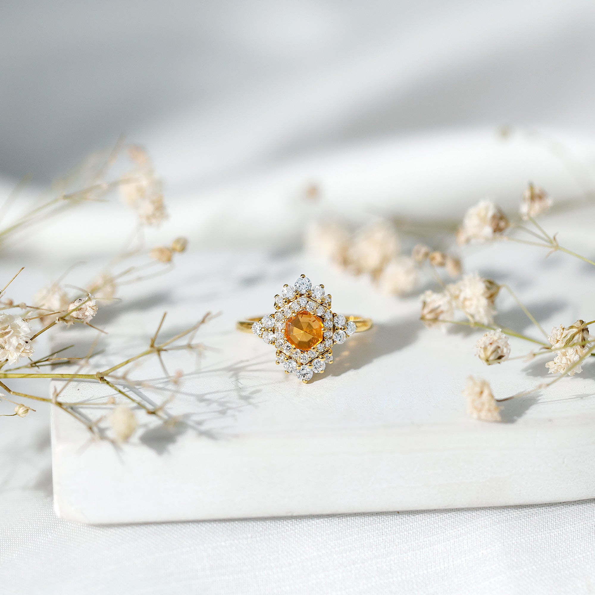 Rosec Jewels-Certified Fire Opal and Diamond Cocktail Ring in Gold Plated Silver