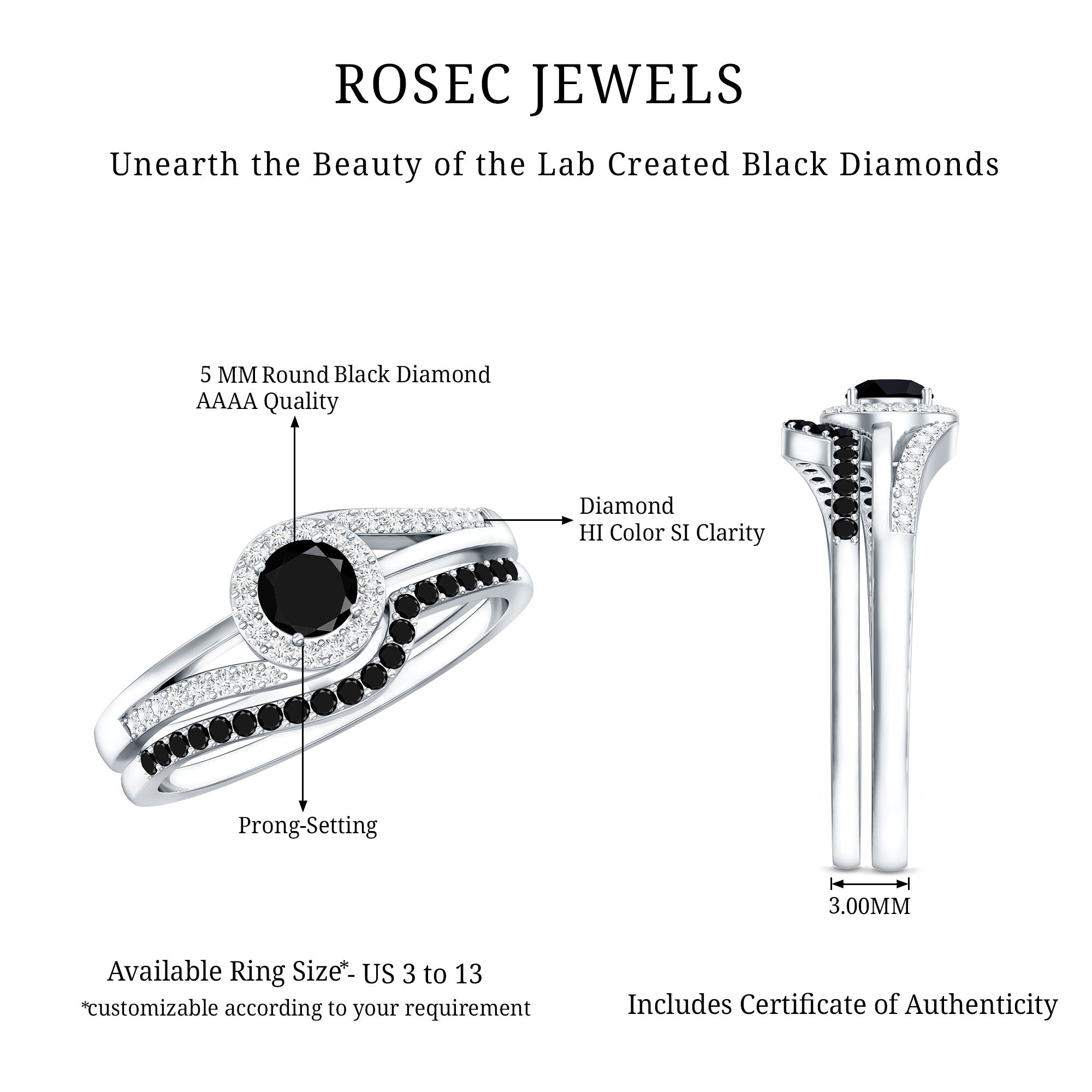 Certified Lab Grown Black and White Diamond Engagement Ring Set for Women AAAA ( Synthetic ) - Rosec Jewels