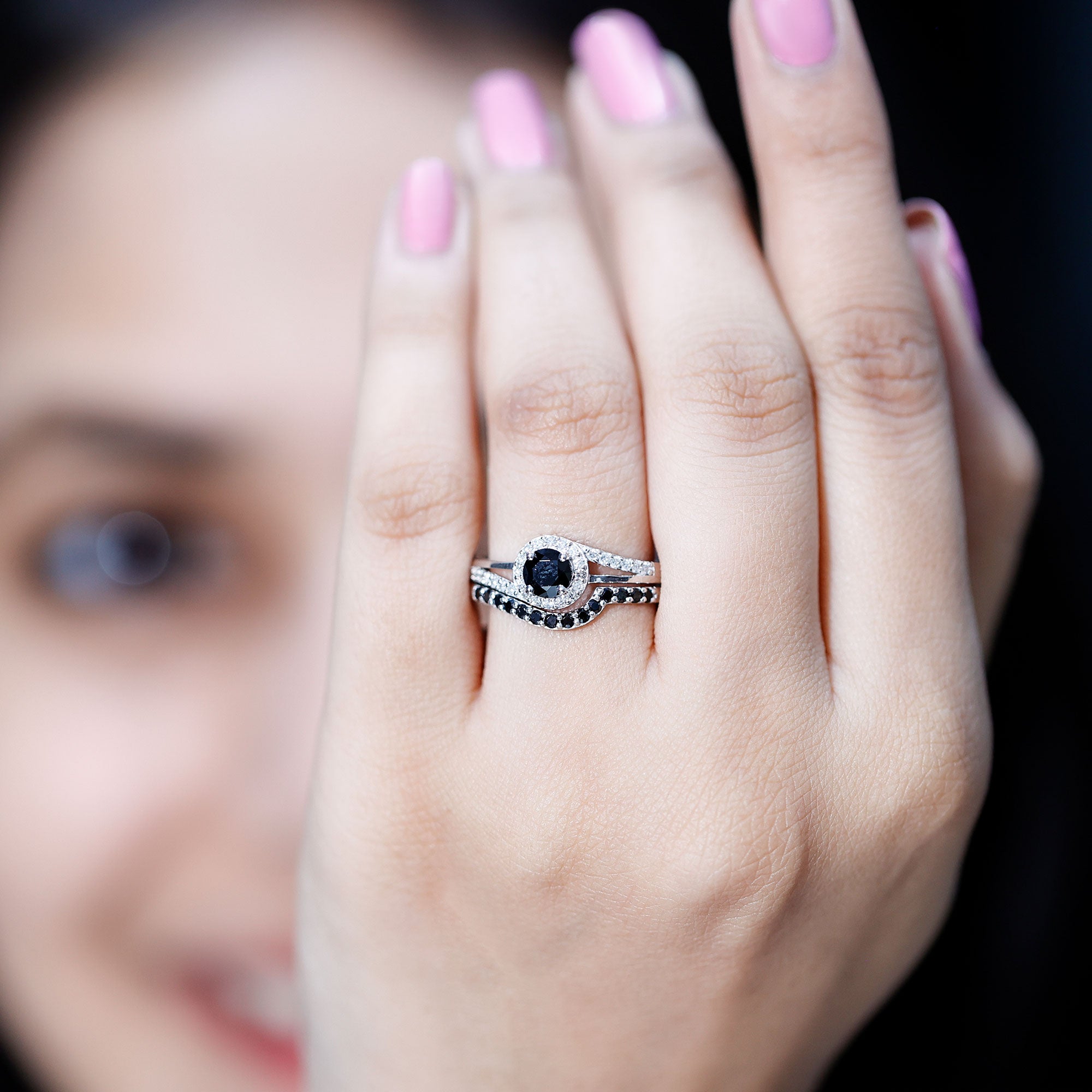 Certified Lab Grown Black and White Diamond Engagement Ring Set for Women AAAA ( Synthetic ) - Rosec Jewels