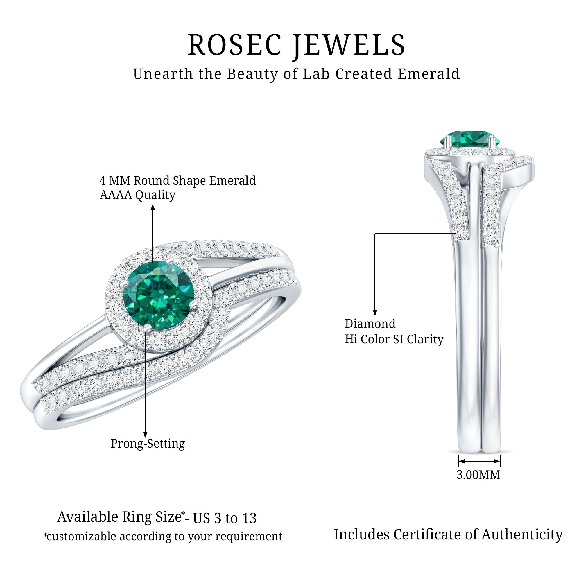 Certified Lab Grown Emerald Diamond Wedding Bridal Ring Set of 2 AAAA - Rosec Jewels