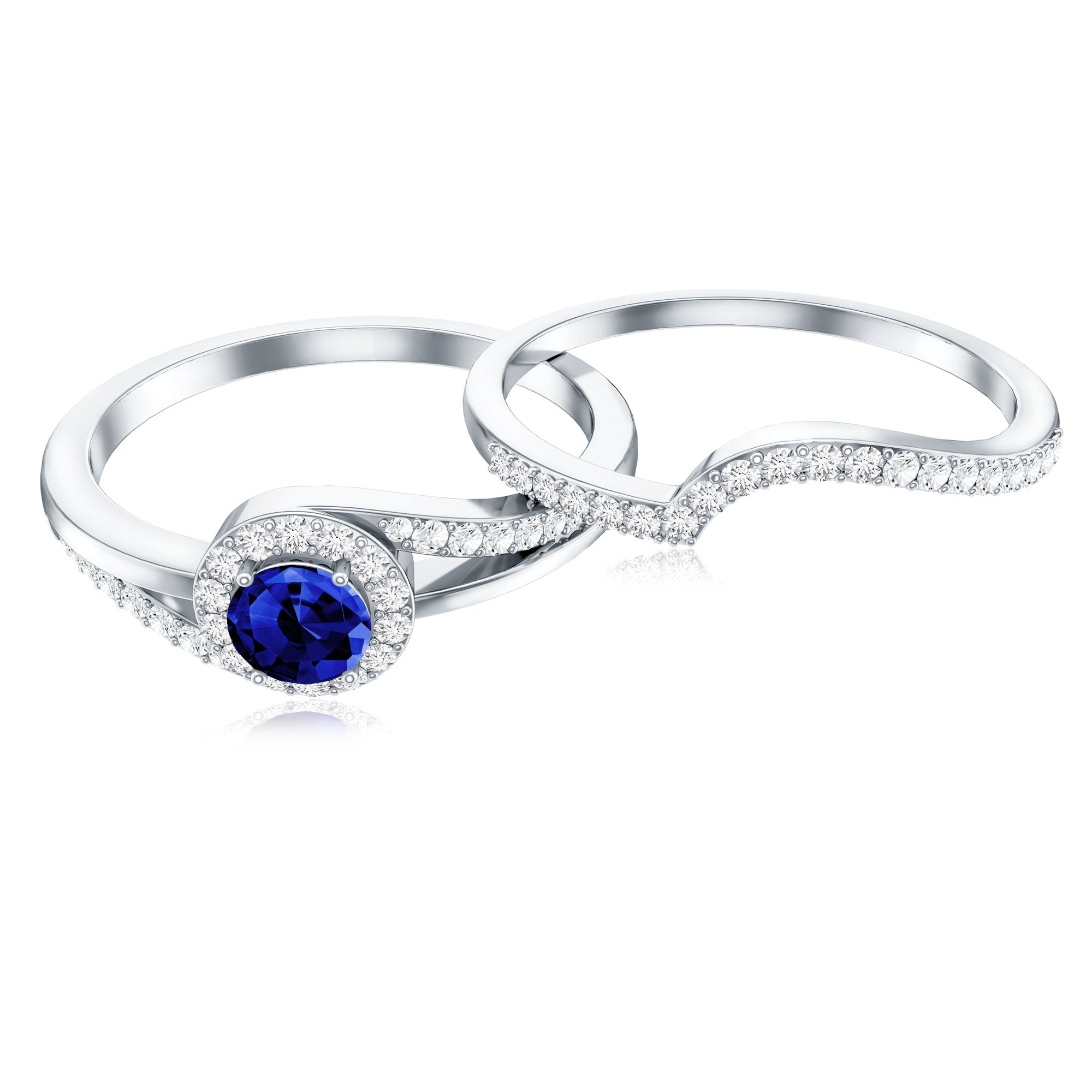 Certified Lab Grown Blue Sapphire Wedding Engagement Ring Set with Diamond AAAA - Rosec Jewels