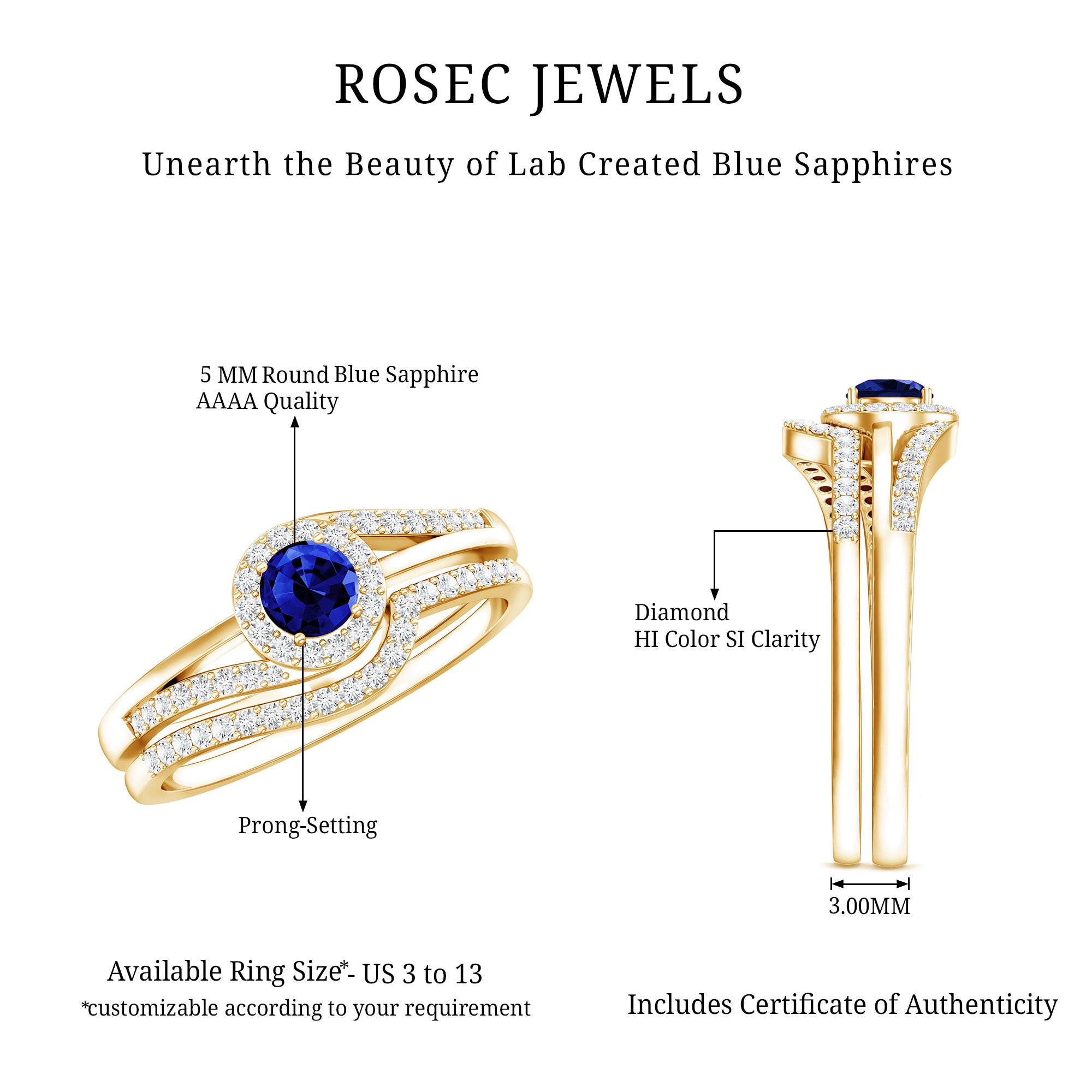 Certified Lab Grown Blue Sapphire Wedding Engagement Ring Set with Diamond AAAA - Rosec Jewels