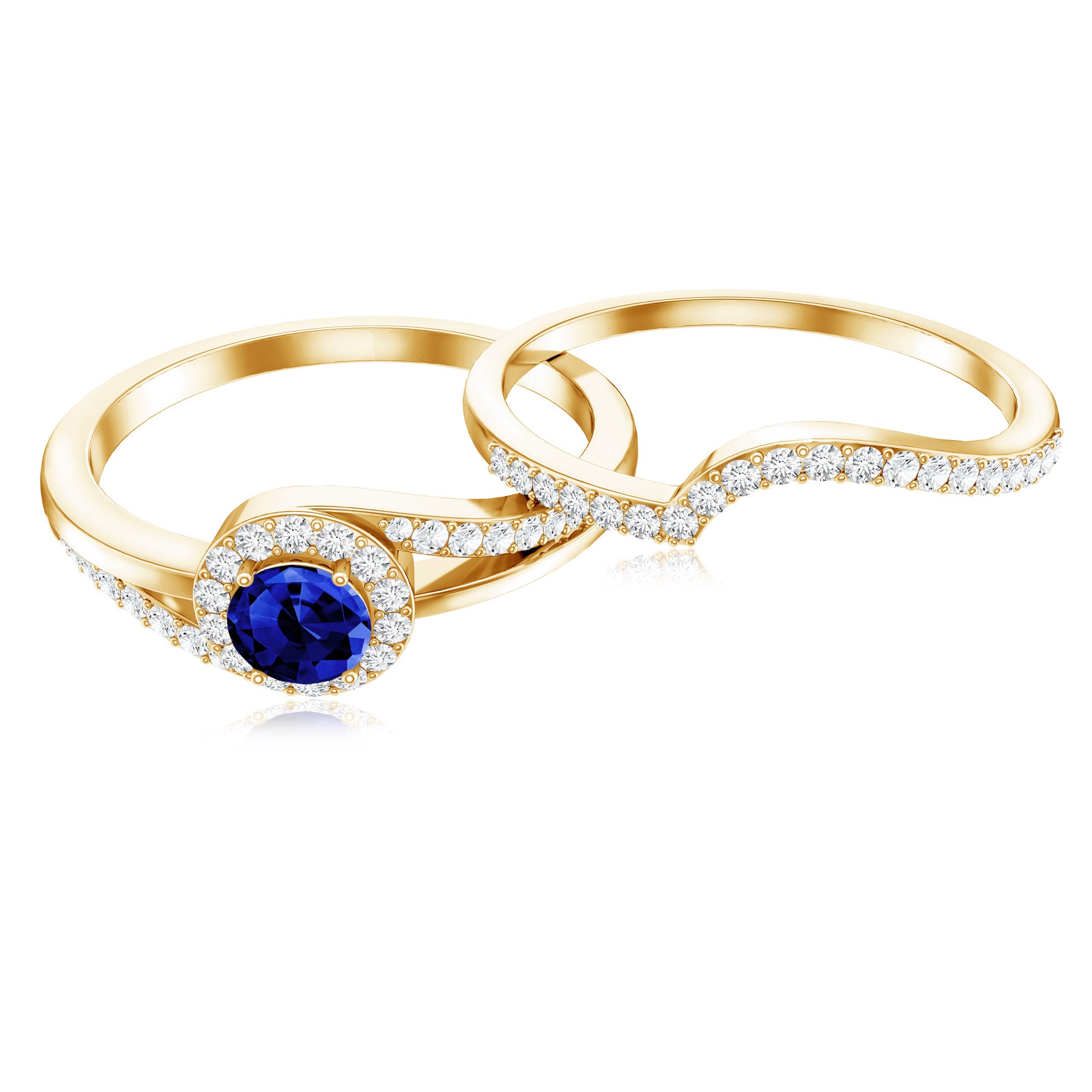 Certified Lab Grown Blue Sapphire Wedding Engagement Ring Set with Diamond AAAA - Rosec Jewels