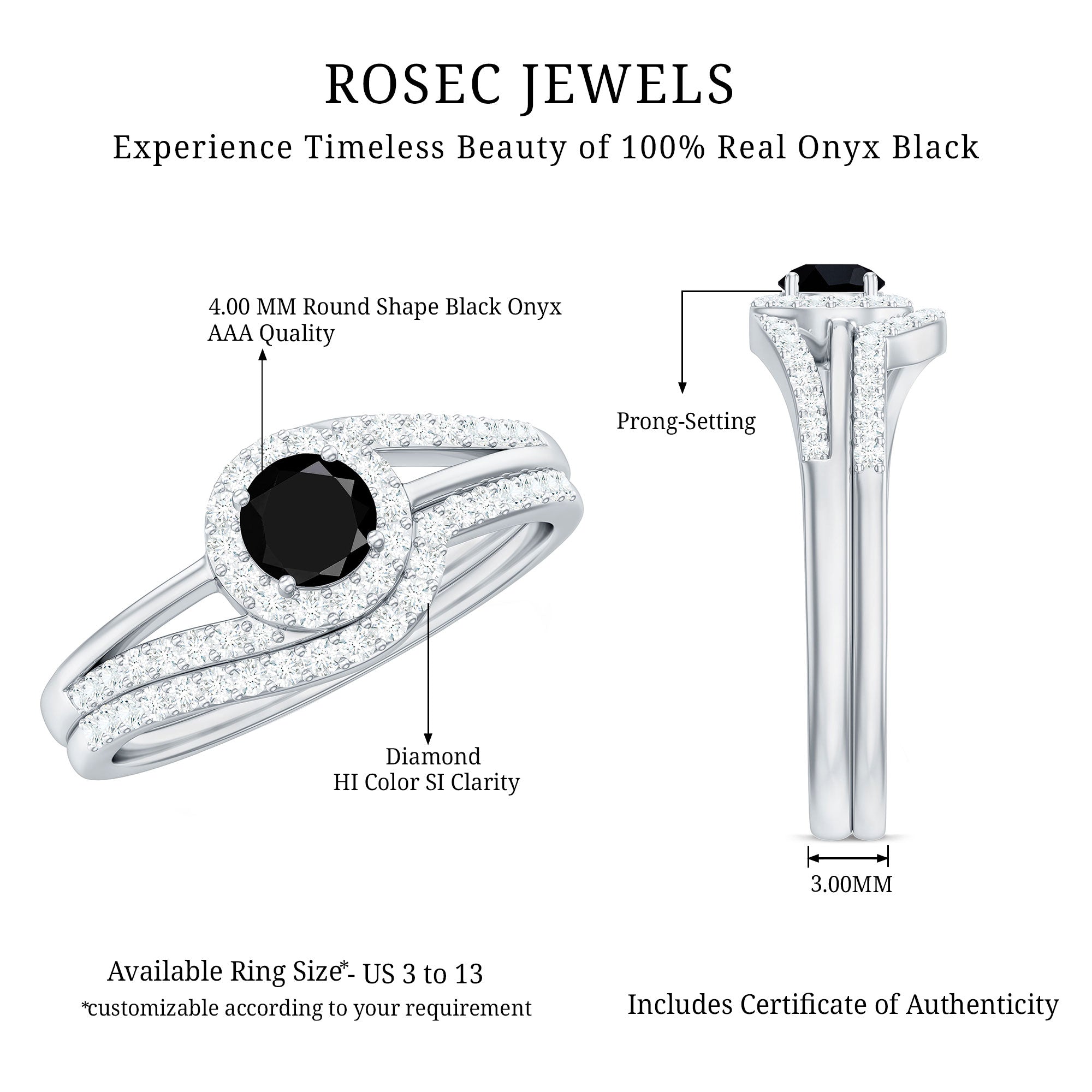 Black Onyx Minimal Wedding Rings Set with Diamond Curved Band AAA - Rosec Jewels