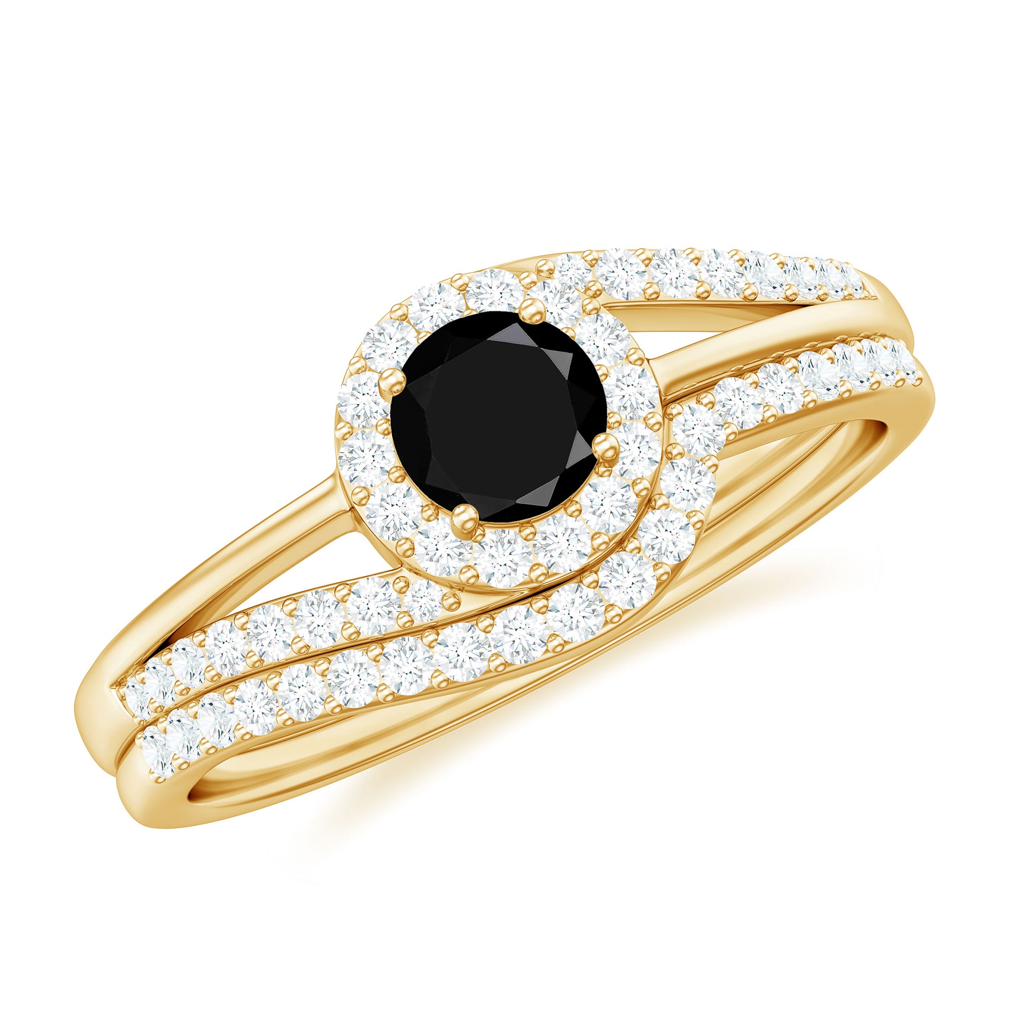 Black Onyx Minimal Wedding Rings Set with Diamond Curved Band AAA - Rosec Jewels