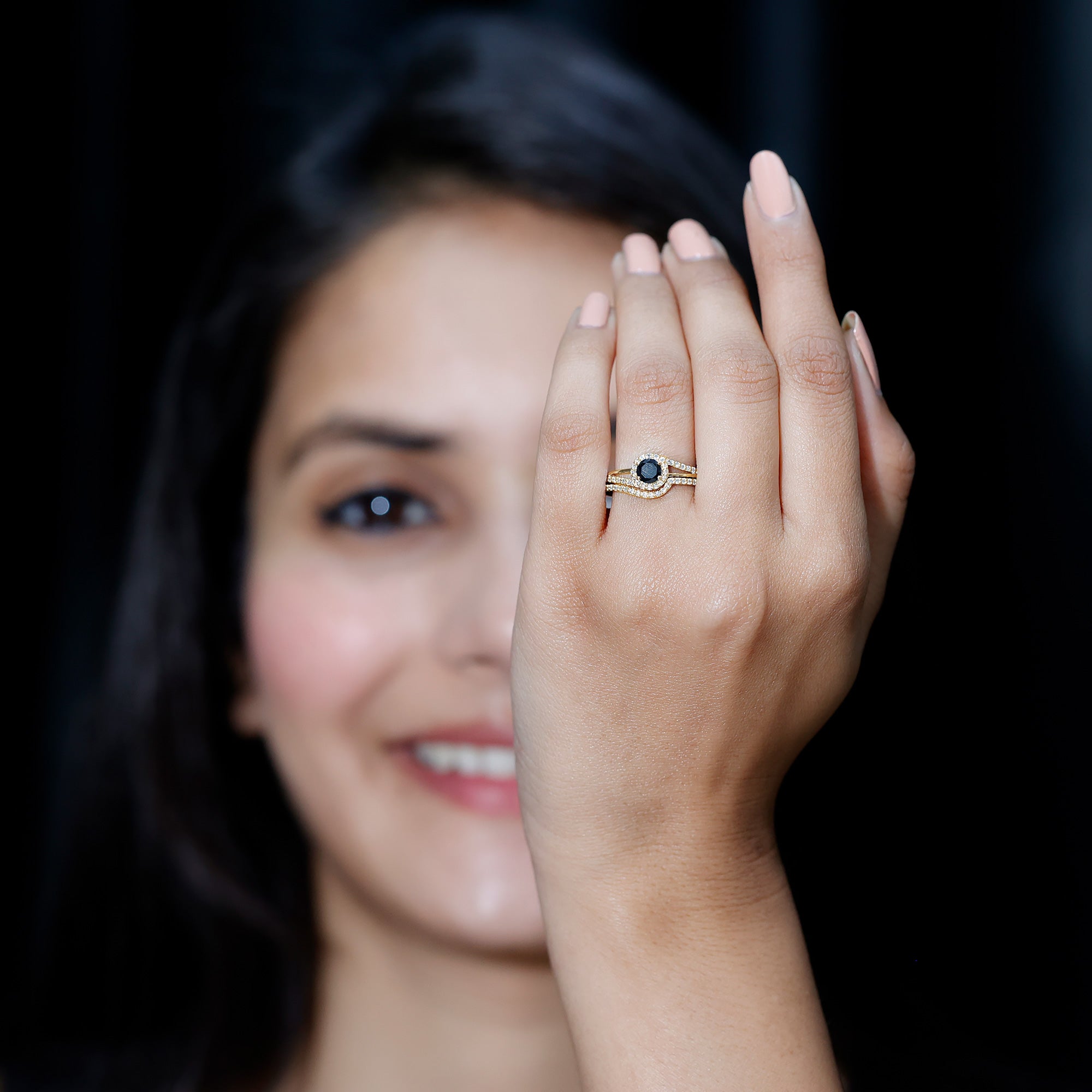Black Onyx Minimal Wedding Rings Set with Diamond Curved Band AAA - Rosec Jewels