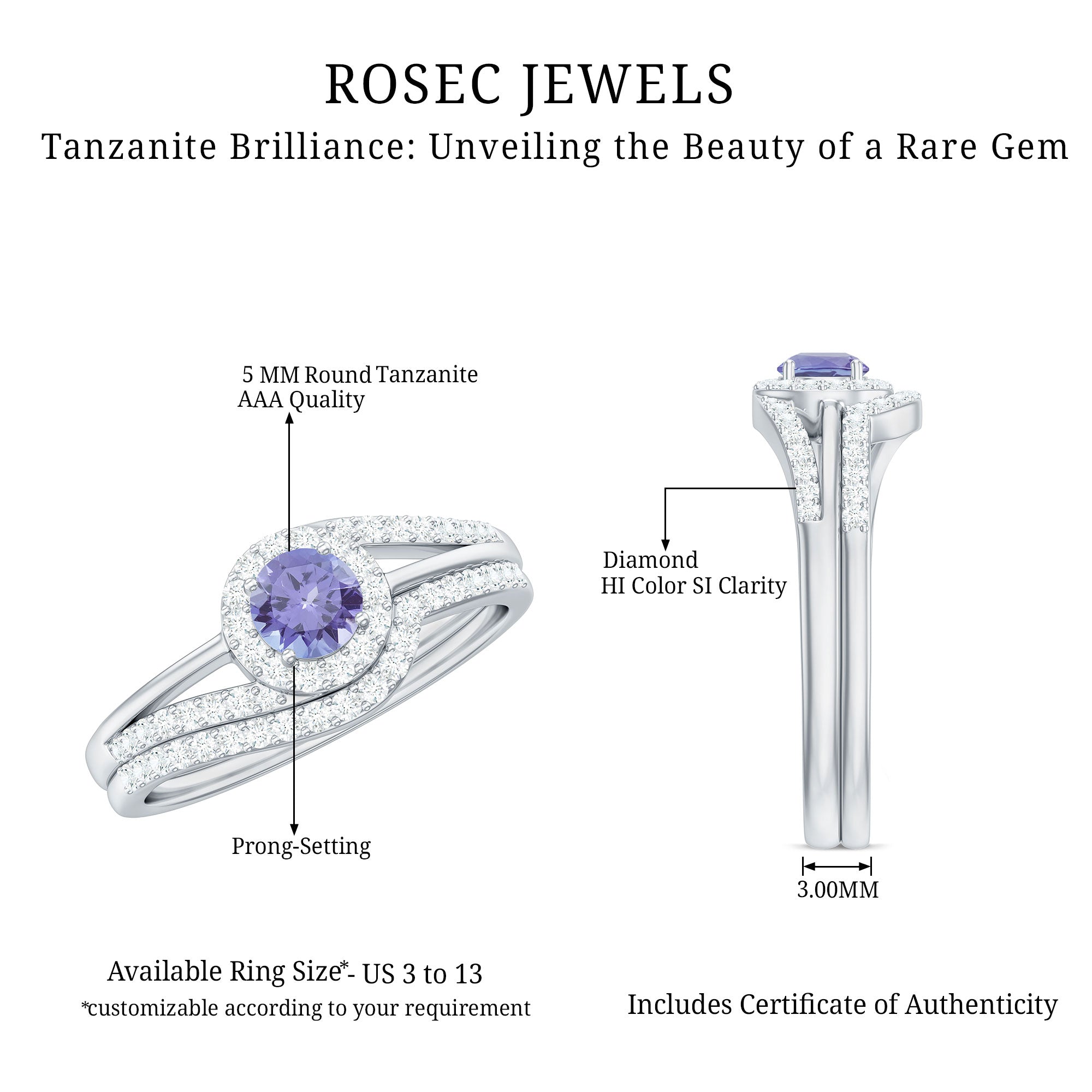 Genuine Tanzanite Engagement Ring with Diamond Enhancer AAA - Rosec Jewels