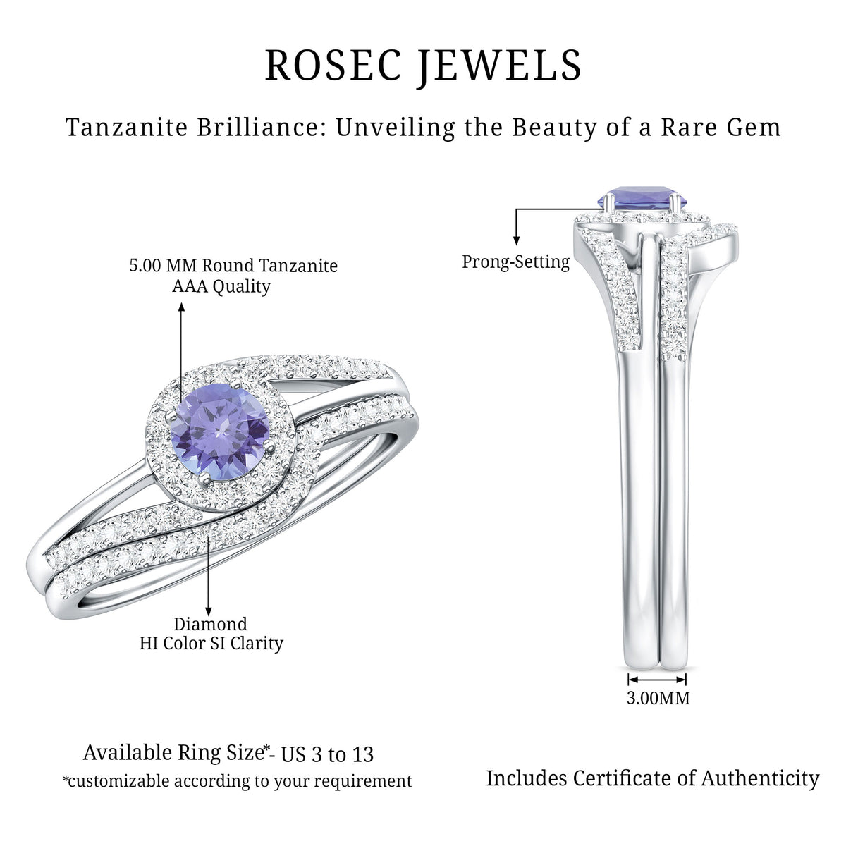 Genuine Tanzanite Engagement Ring with Diamond Enhancer AAA - Rosec Jewels