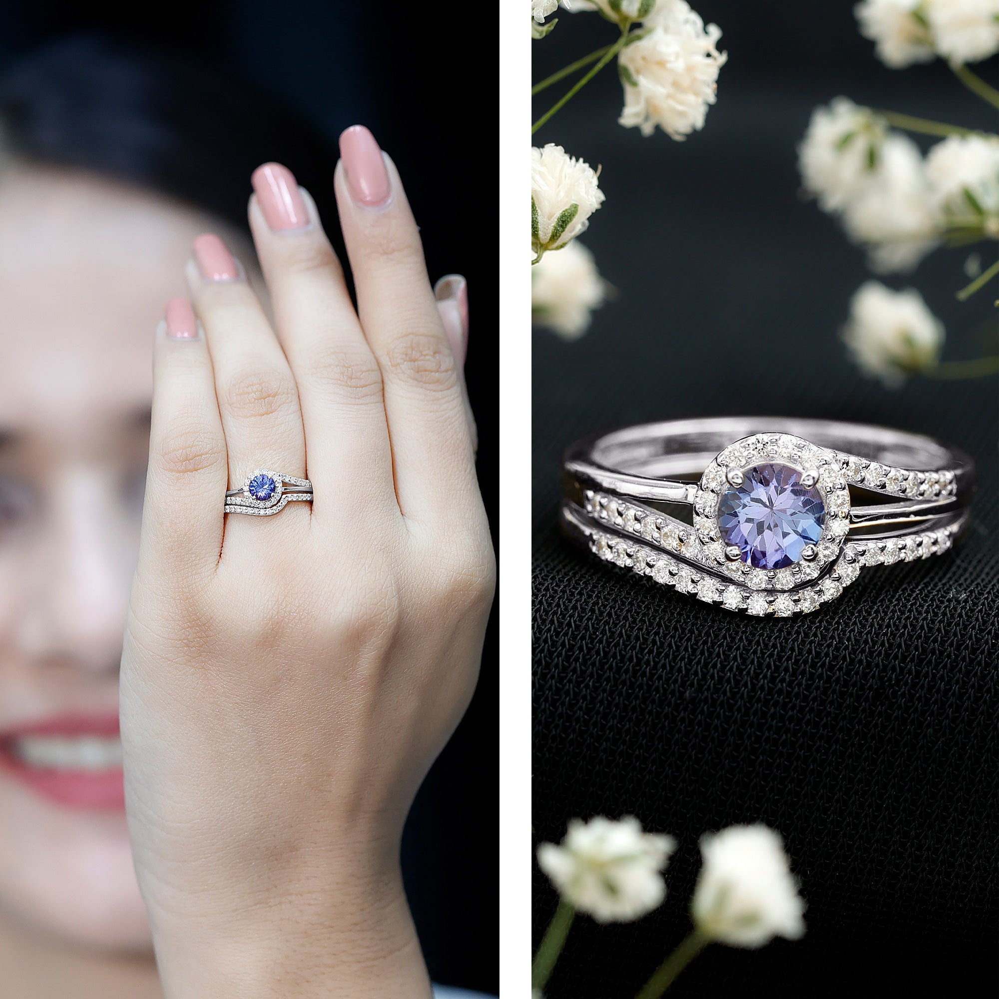 Genuine Tanzanite Engagement Ring with Diamond Enhancer AAA - Rosec Jewels