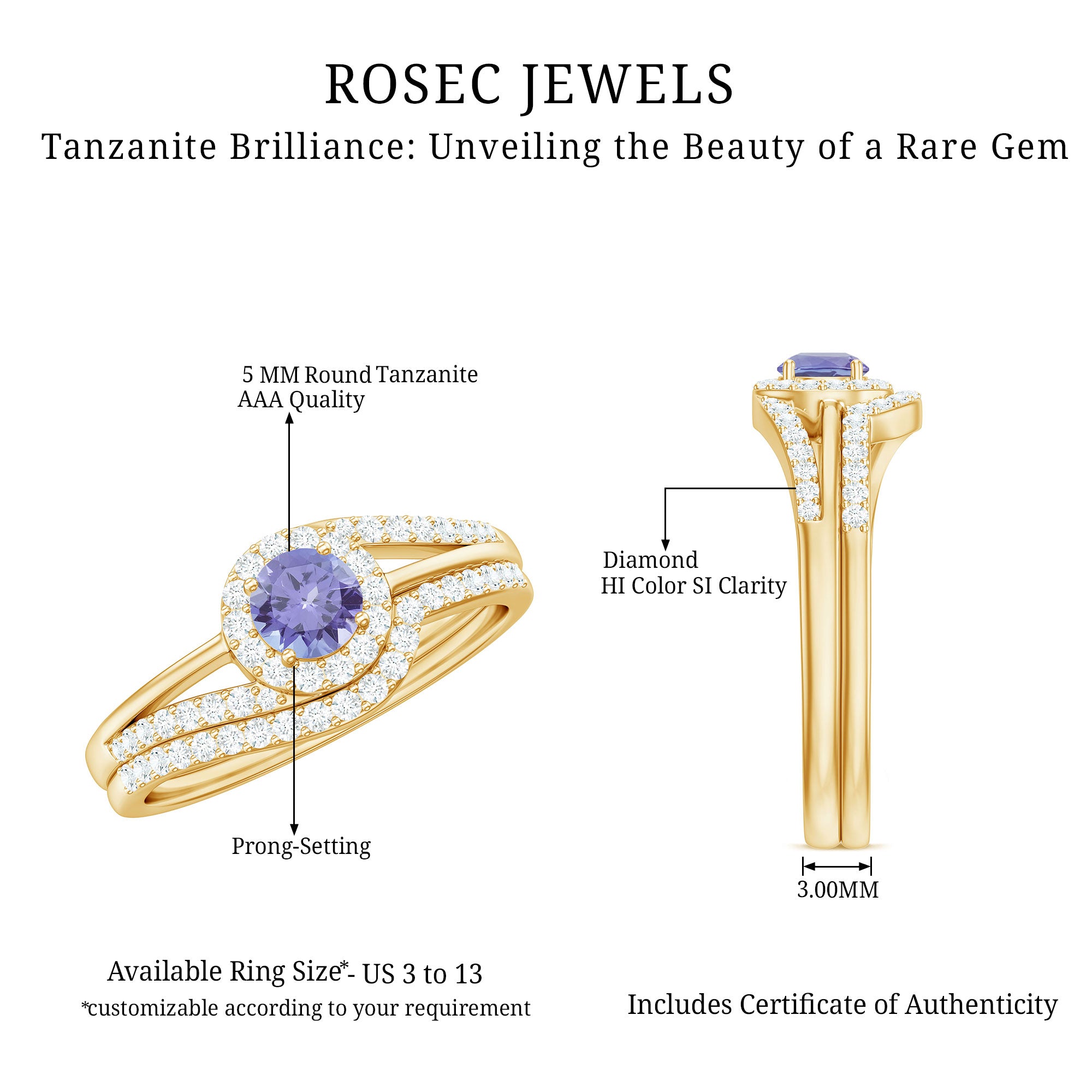 Genuine Tanzanite Engagement Ring with Diamond Enhancer AAA - Rosec Jewels