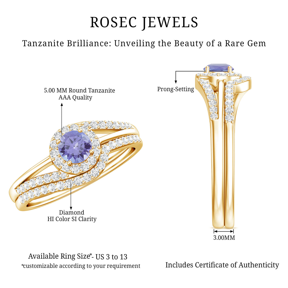 Genuine Tanzanite Engagement Ring with Diamond Enhancer AAA - Rosec Jewels