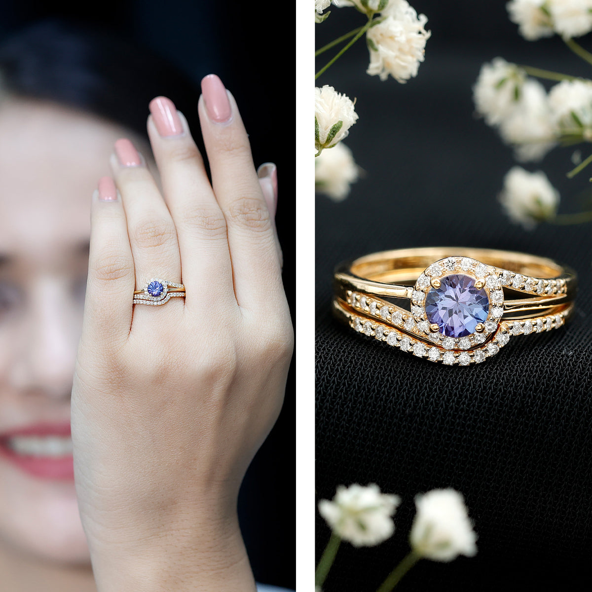Genuine Tanzanite Engagement Ring with Diamond Enhancer AAA - Rosec Jewels