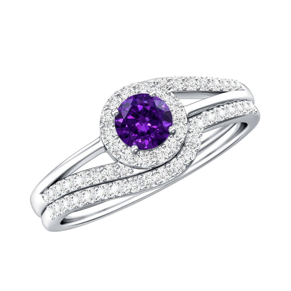 0.4 Carat Natural Amethyst Diamond Wedding Bridal Ring Set of 2 AAA - Rosec Jewels