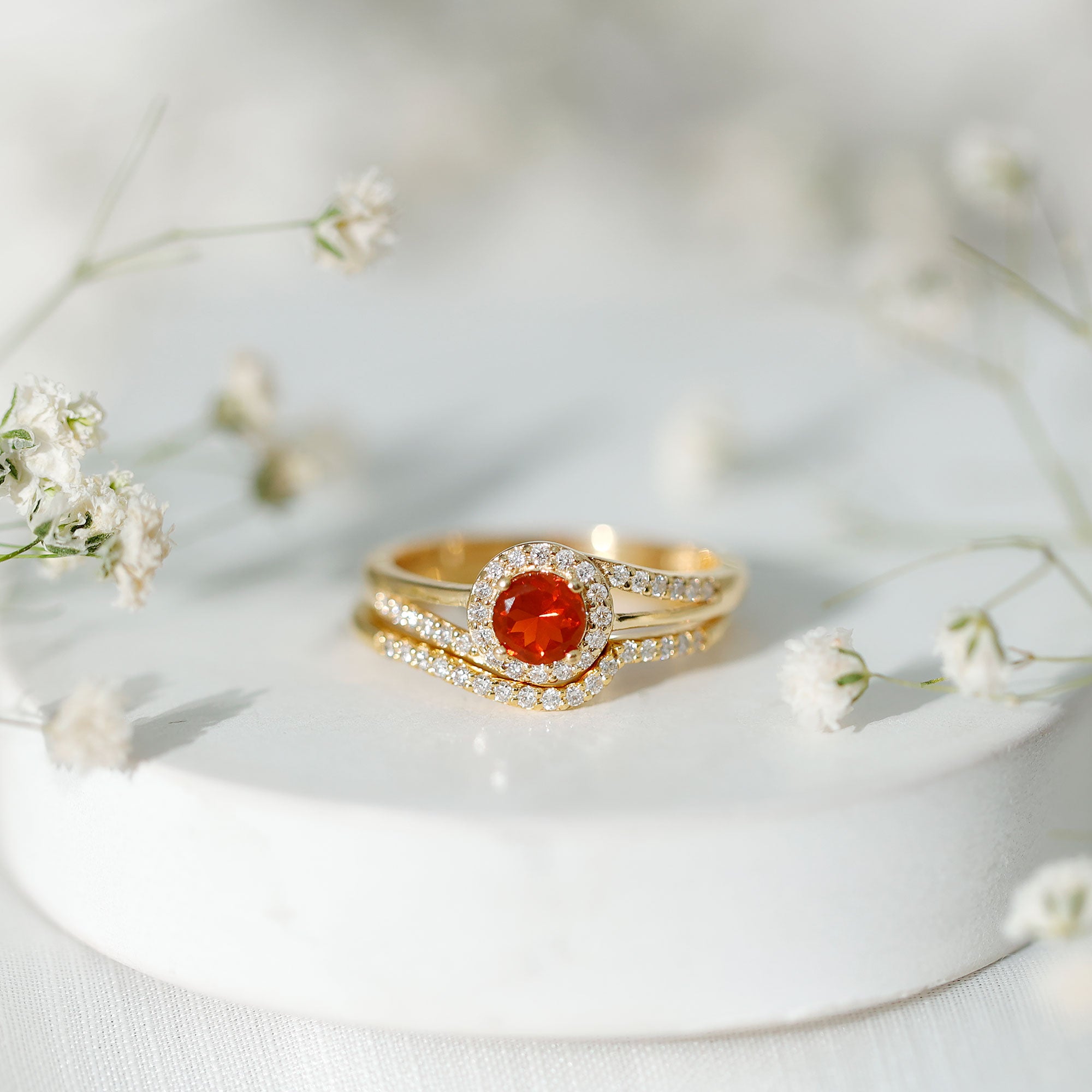 Certified Fire Opal Engagement Ring with Diamond Enhancer AAA - Rosec Jewels