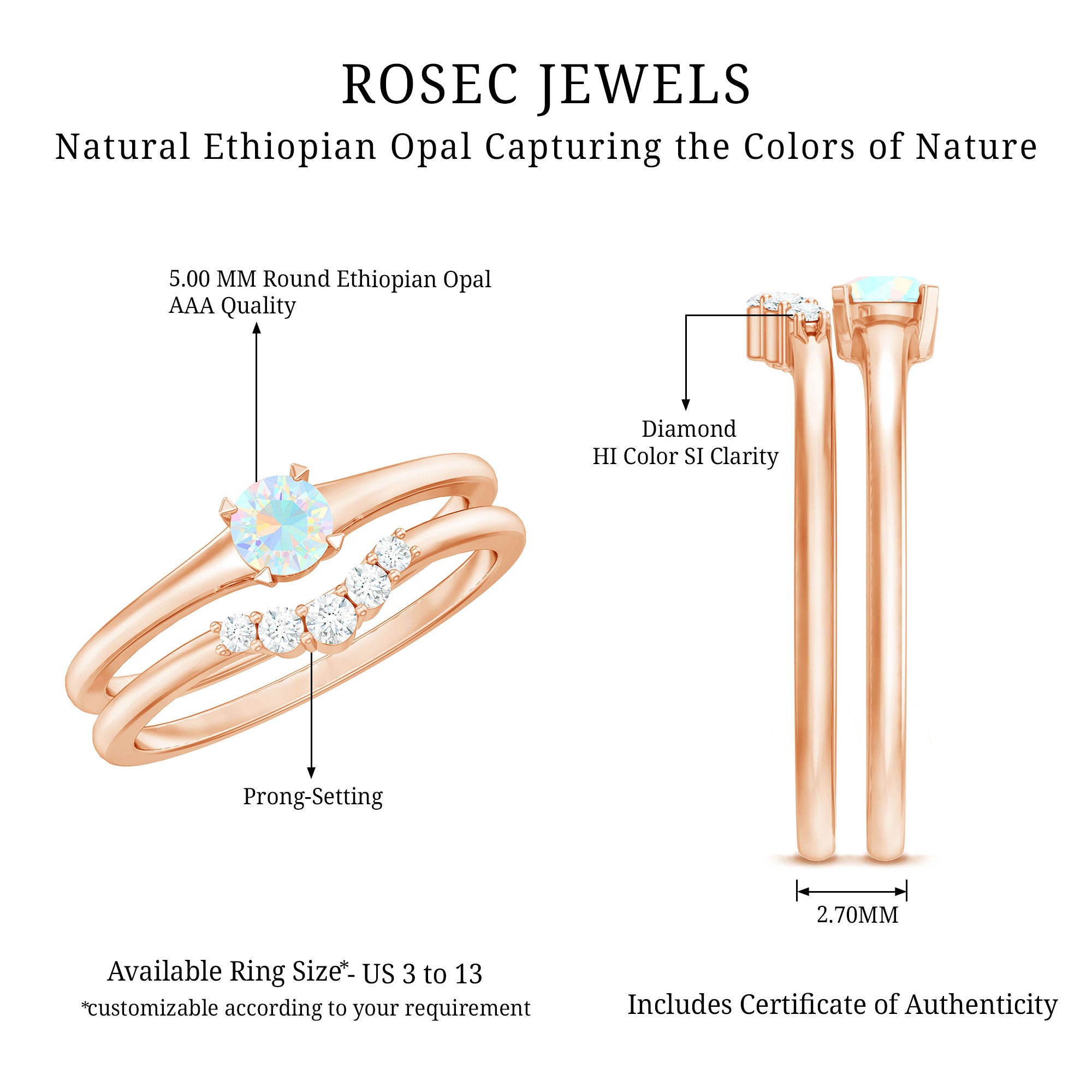 Minimal Ethiopian Opal Diamond Promise Ring Set AAA - Rosec Jewels