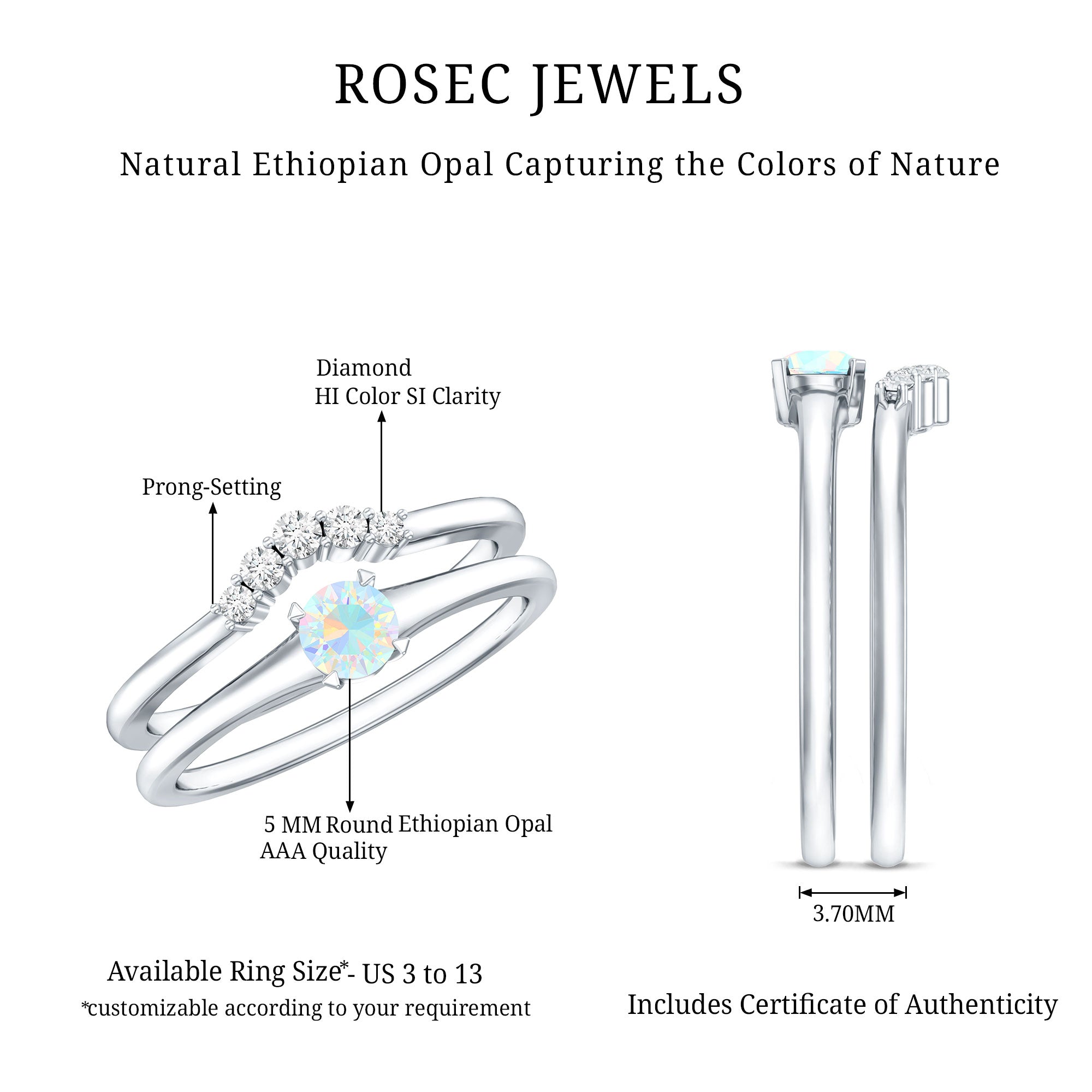 Minimal Ethiopian Opal Diamond Promise Ring Set AAA - Rosec Jewels
