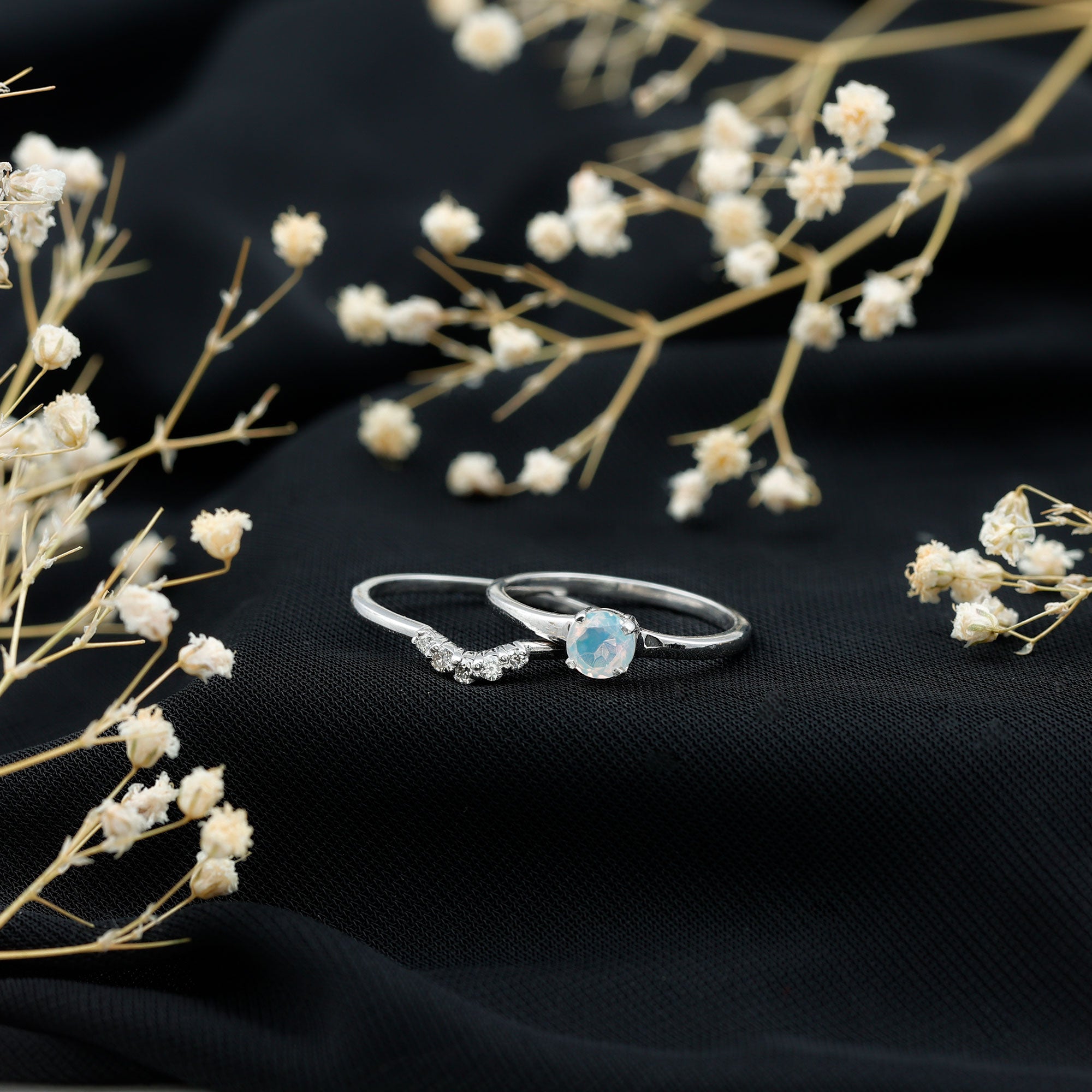 Minimal Ethiopian Opal Diamond Promise Ring Set AAA - Rosec Jewels