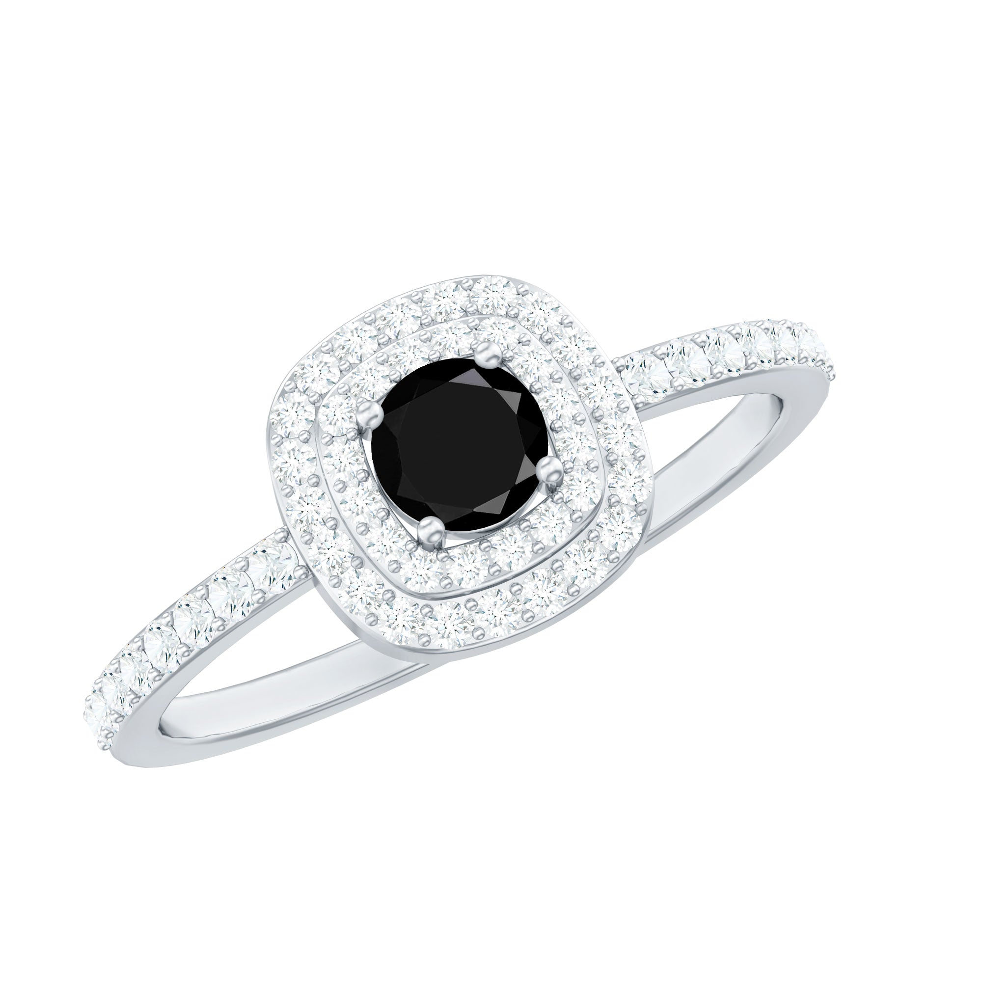 3/4 CT Black and White Diamond Double Halo Engagement Ring