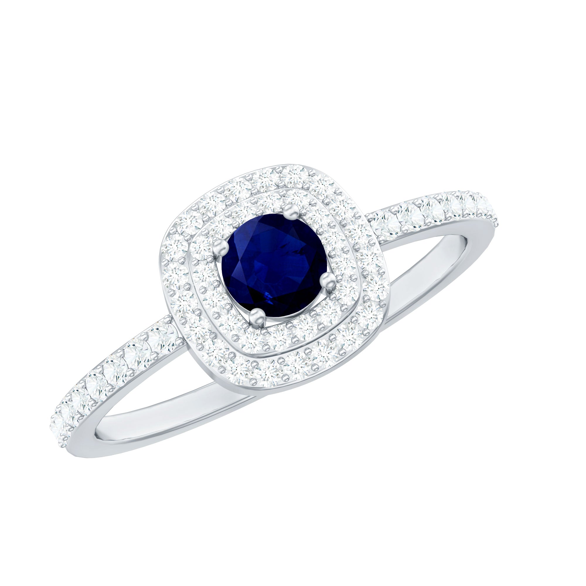 Rosec Jewels-3/4 CT Classic Blue Sapphire Double Halo Engagement Ring with Diamond