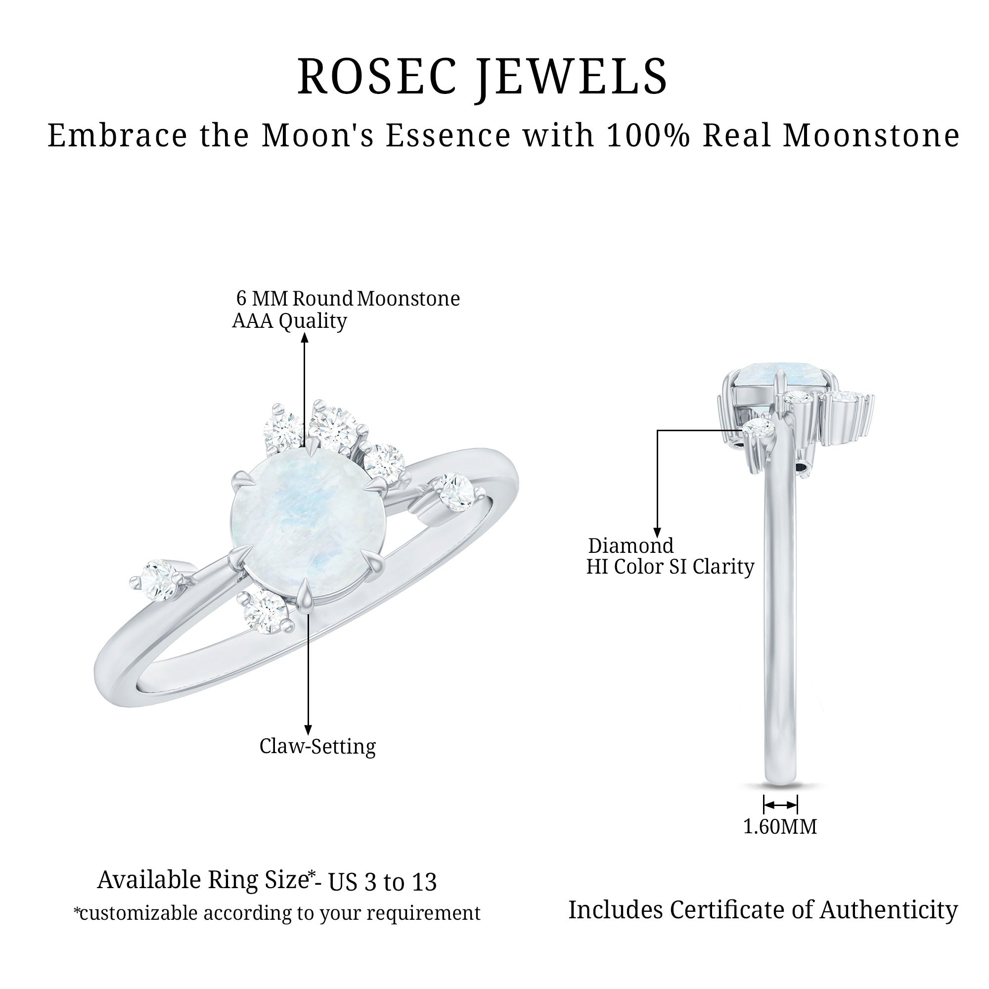 Moonstone and Diamond Scatter Promise Ring AAA - Rosec Jewels