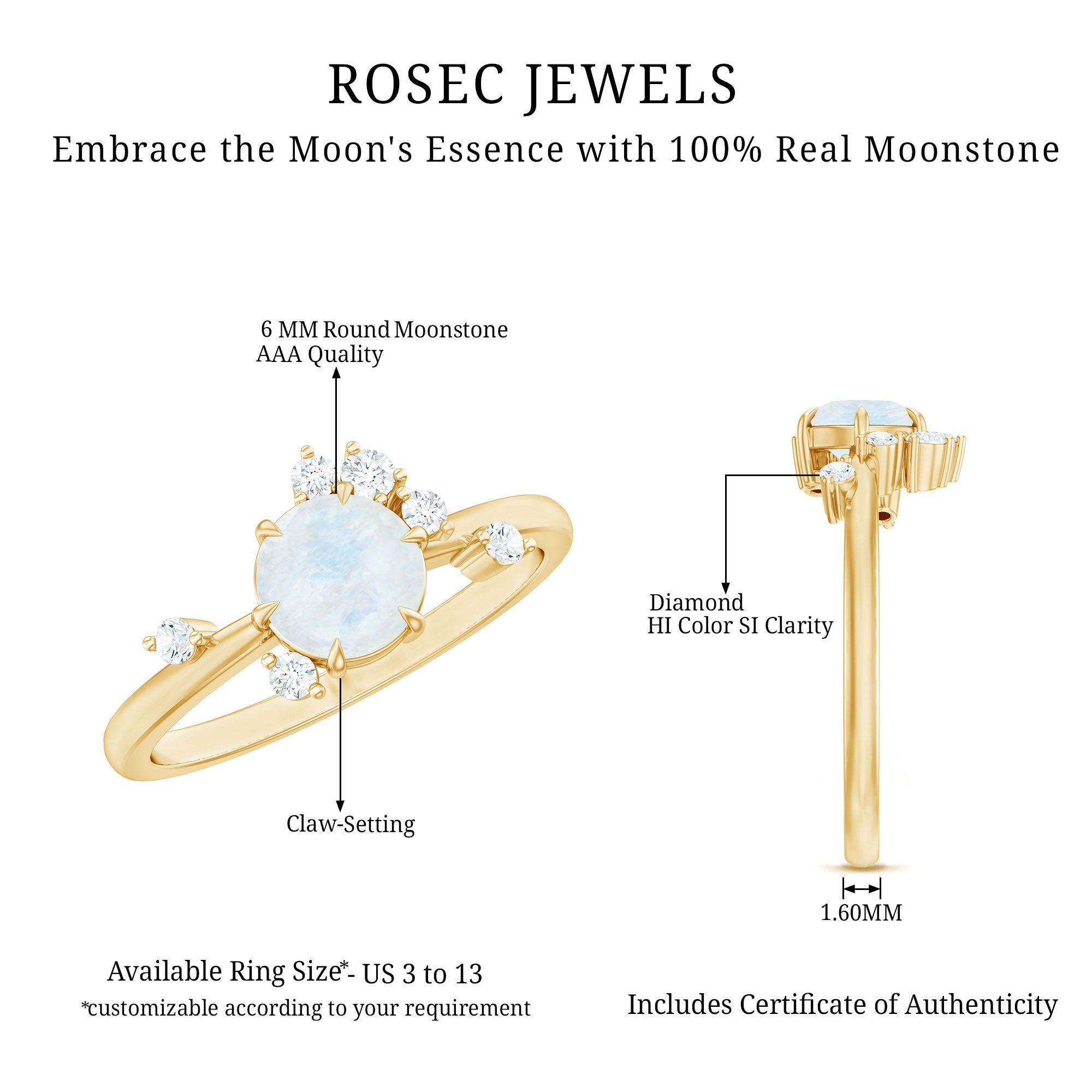 Moonstone and Diamond Scatter Promise Ring AAA - Rosec Jewels