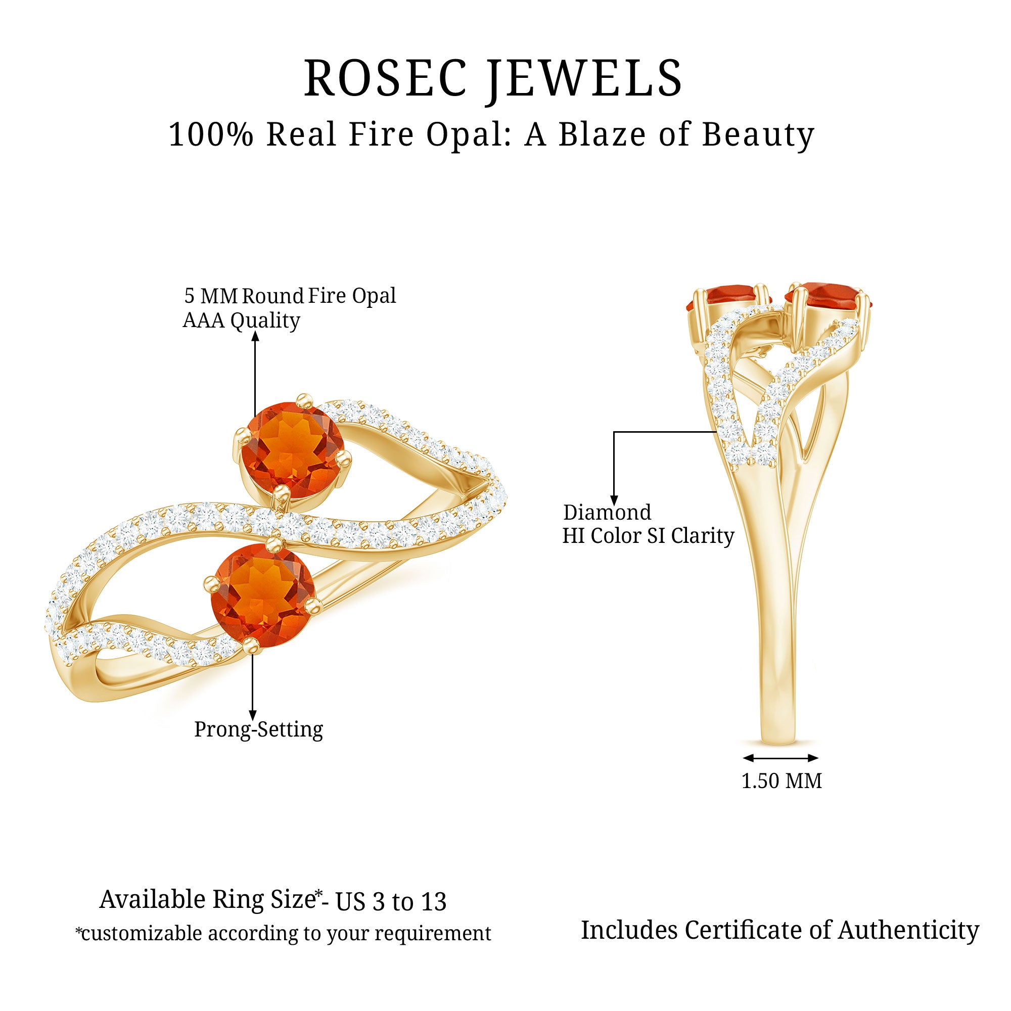 3/4 CT Minimal Fire Opal and Diamond Engagement Ring AAA - Rosec Jewels