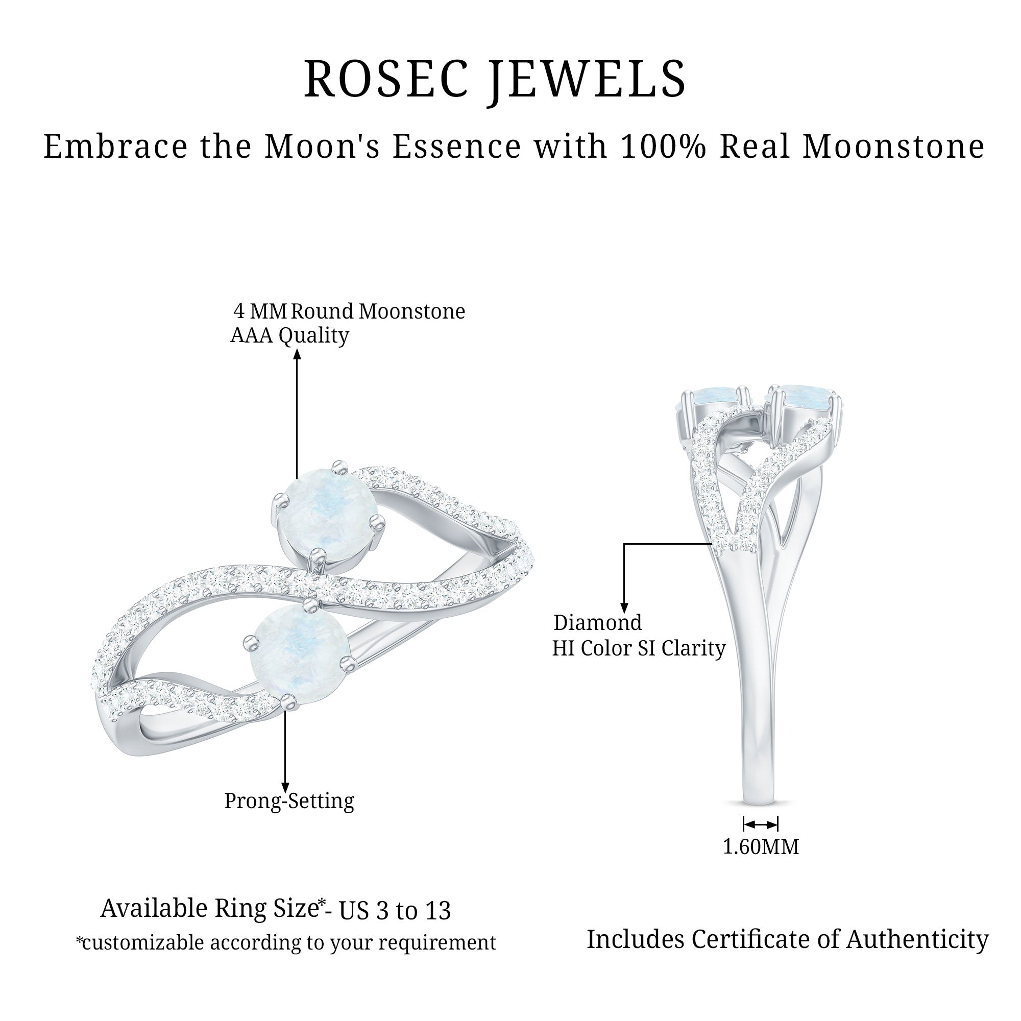 1 CT Minimal Moonstone and Diamond Engagement Ring AAA - Rosec Jewels
