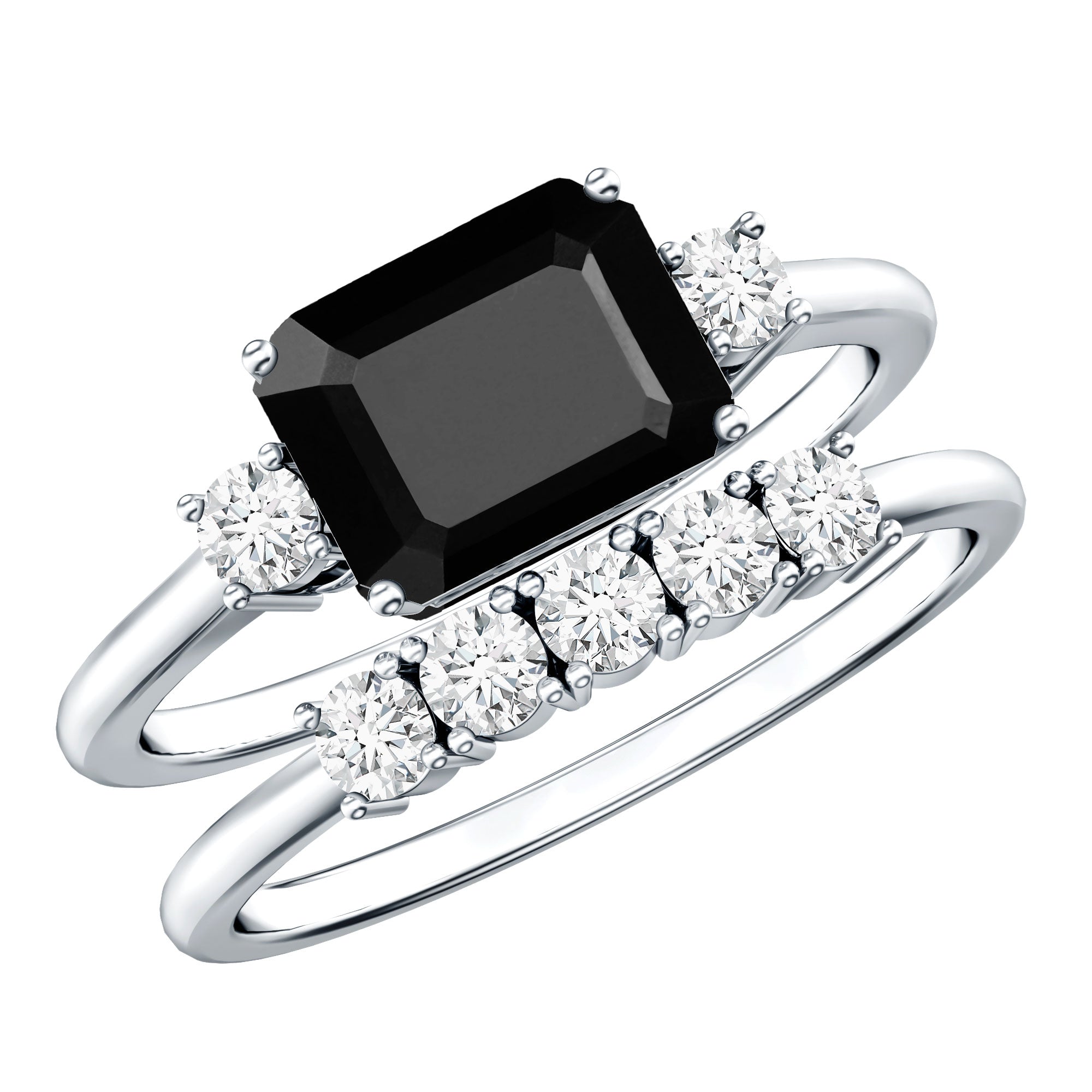 Emerald Cut Black Onyx and Diamond Wedding Ring Set AAA - Rosec Jewels