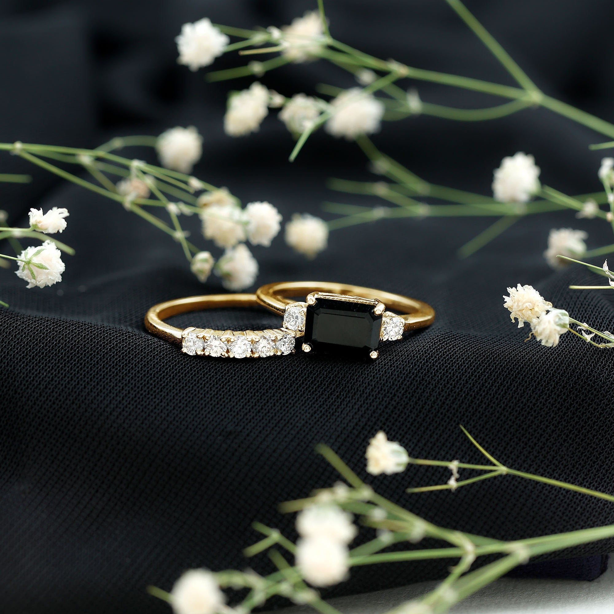 Emerald Cut Black Onyx and Diamond Wedding Ring Set AAA - Rosec Jewels