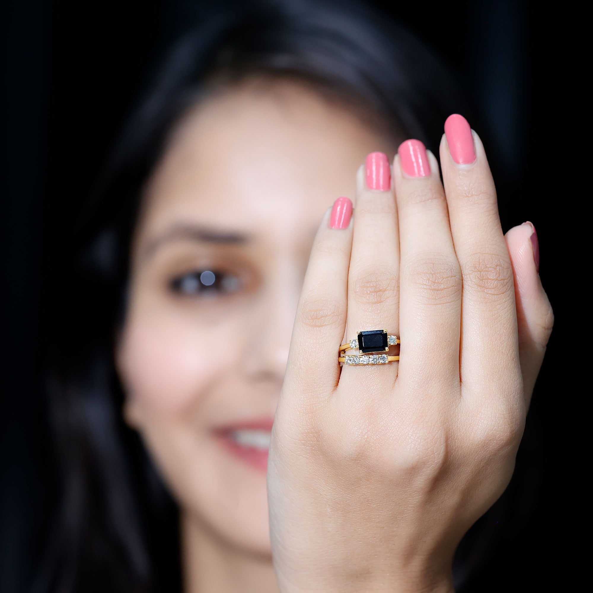 Emerald Cut Black Onyx and Diamond Wedding Ring Set AAA - Rosec Jewels