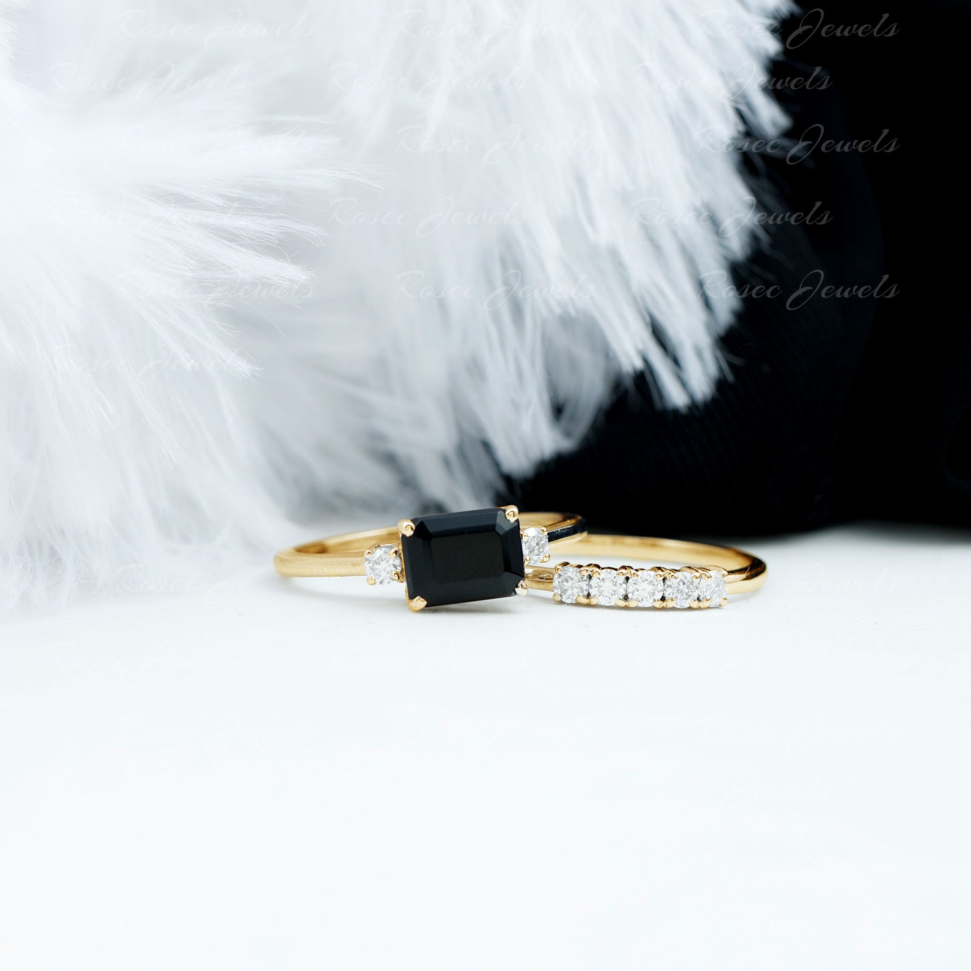 Emerald Cut Black Onyx and Diamond Wedding Ring Set AAA - Rosec Jewels