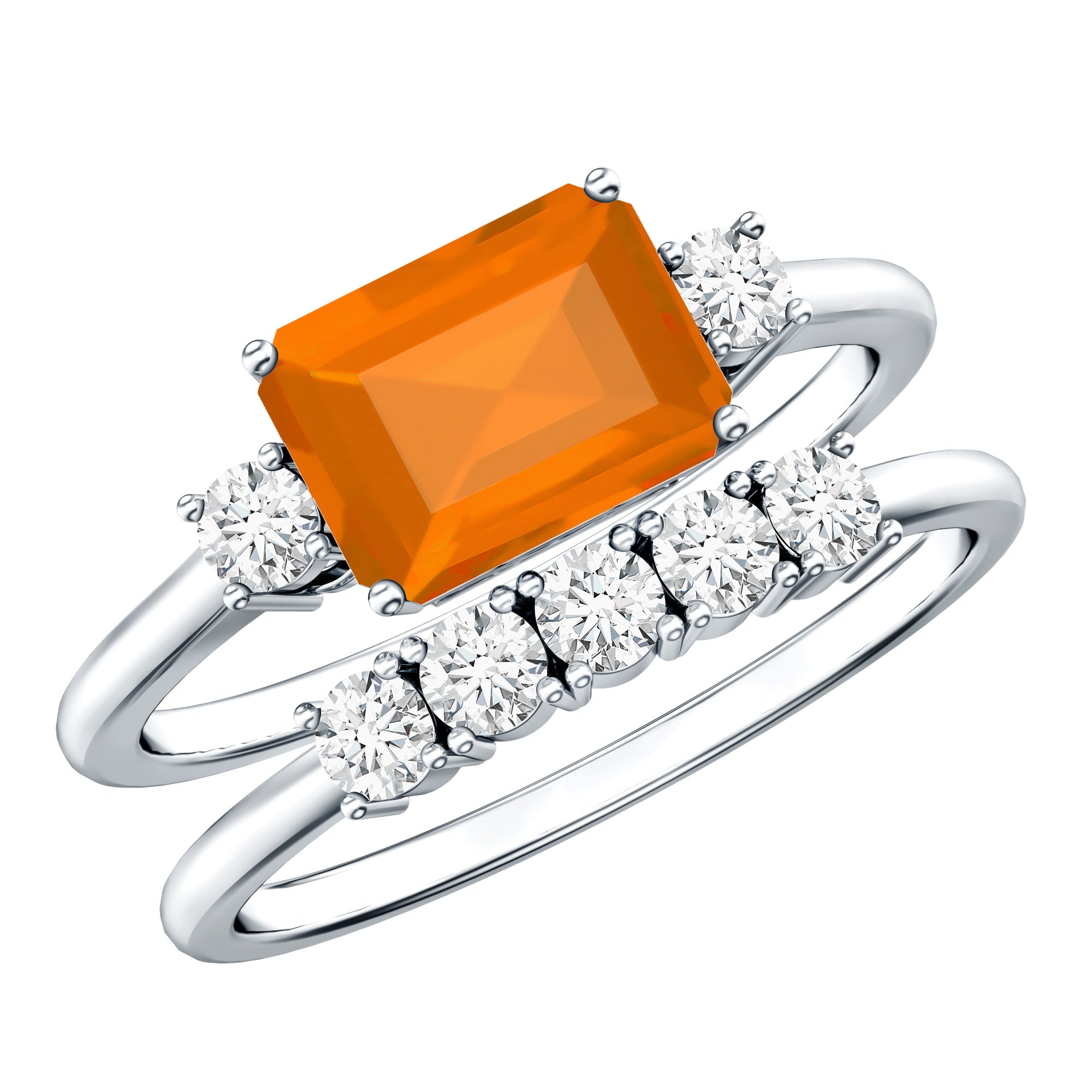 1 Carat Emerald Cut Fire Opal and Diamond Engagement Ring with Enhancer AAA - Rosec Jewels