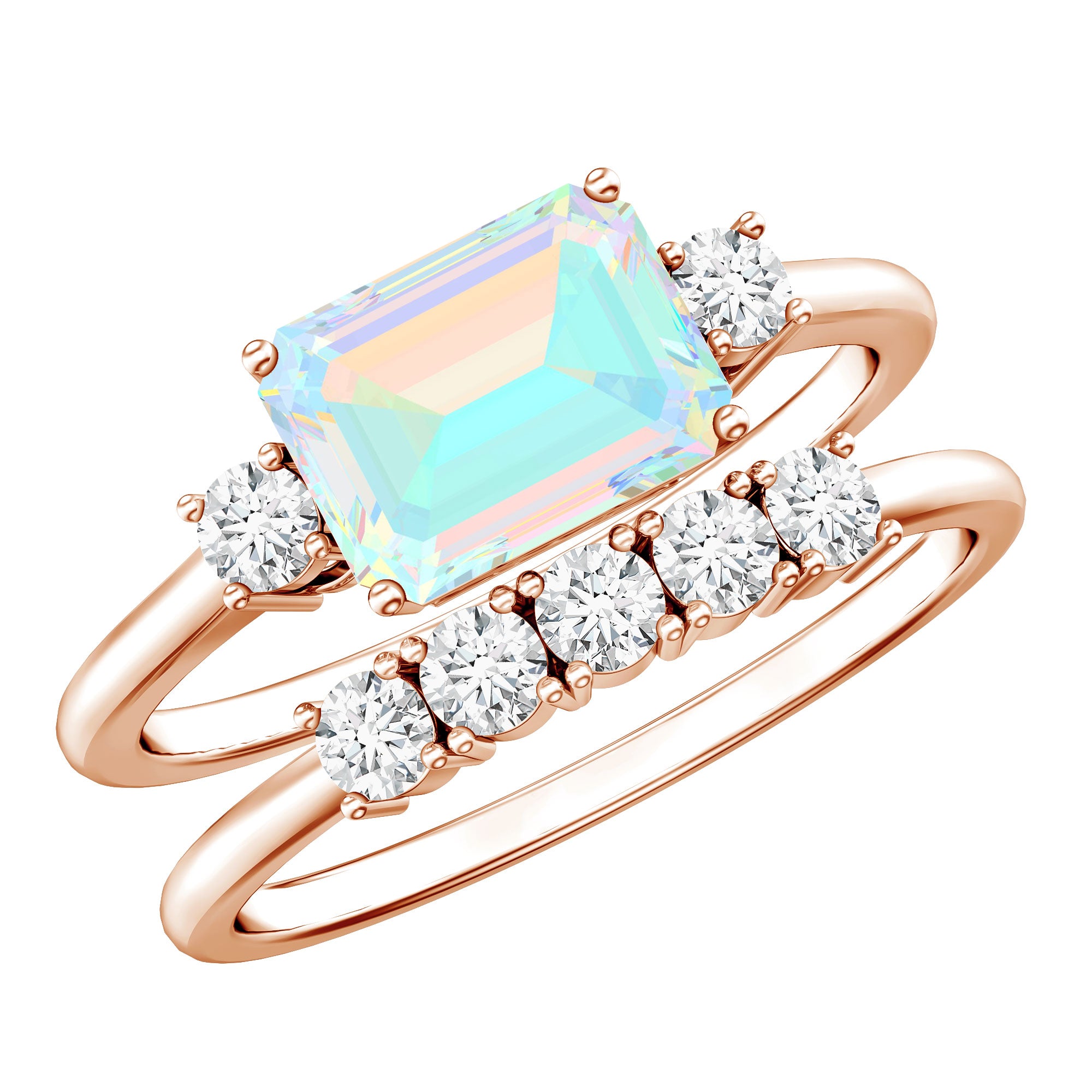 Natural Ethiopian Opal Diamond Emerald Cut Engagement Ring and Wedding Band Set AAA - Rosec Jewels