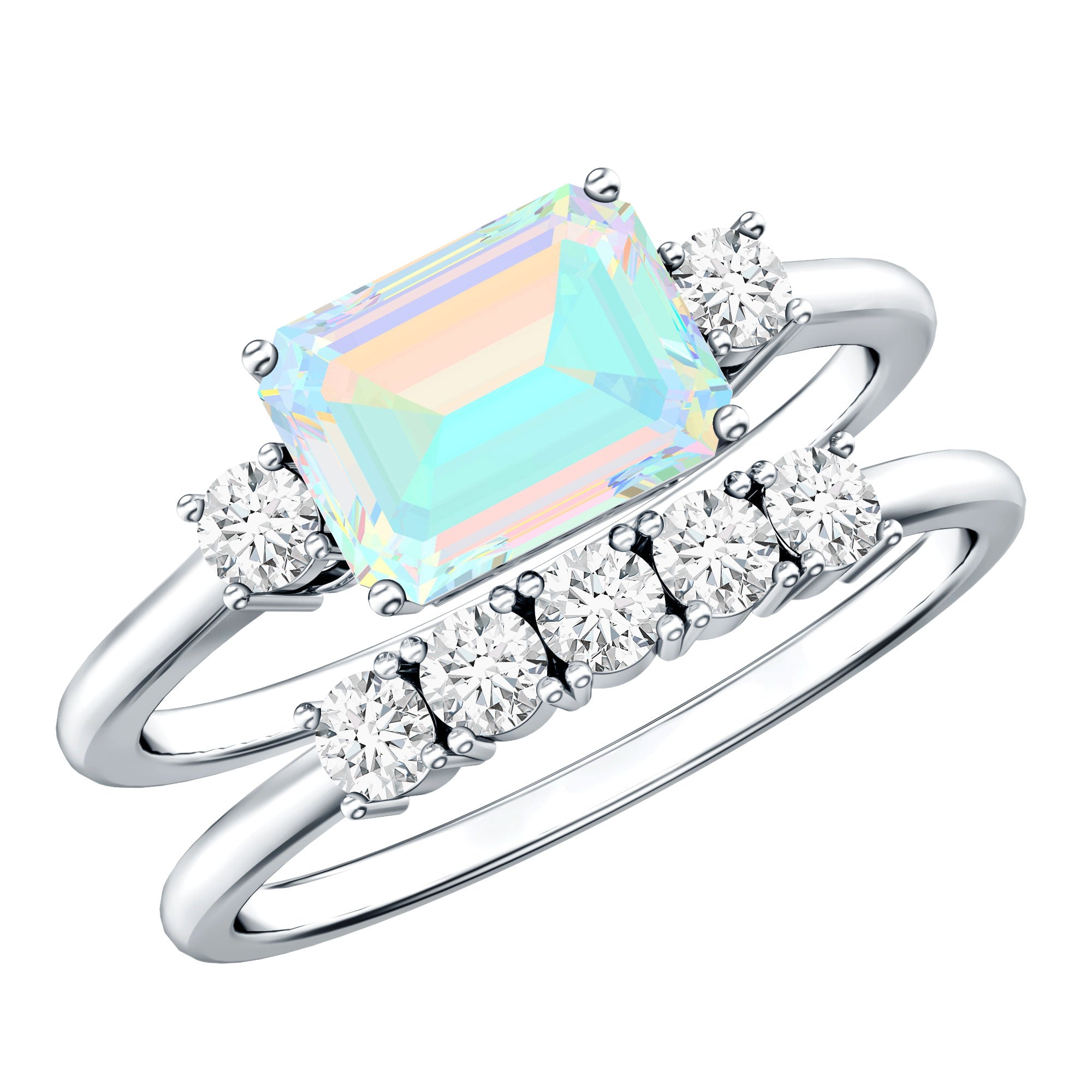 Natural Ethiopian Opal Diamond Emerald Cut Engagement Ring and Wedding Band Set AAA - Rosec Jewels