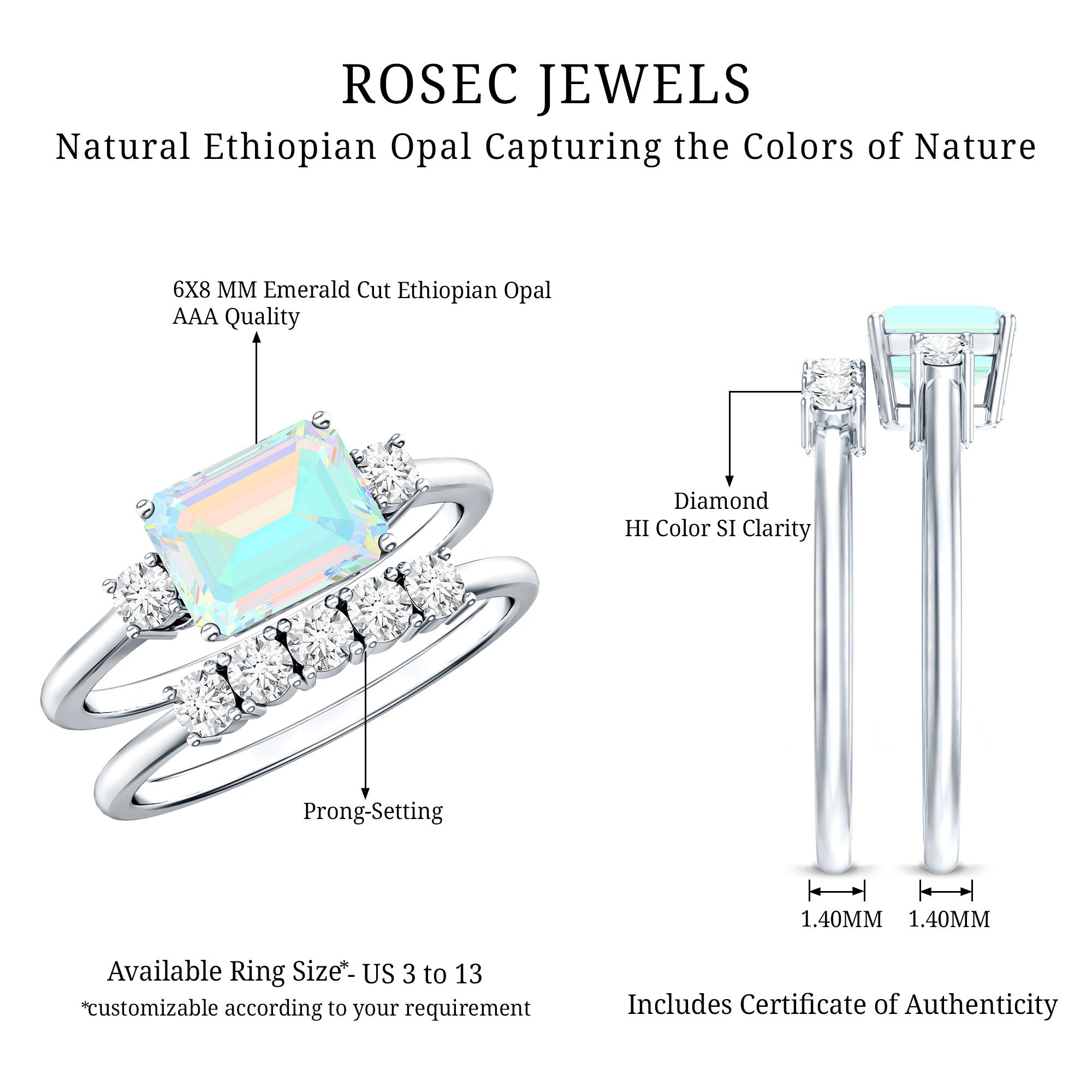 Natural Ethiopian Opal Diamond Emerald Cut Engagement Ring and Wedding Band Set AAA - Rosec Jewels