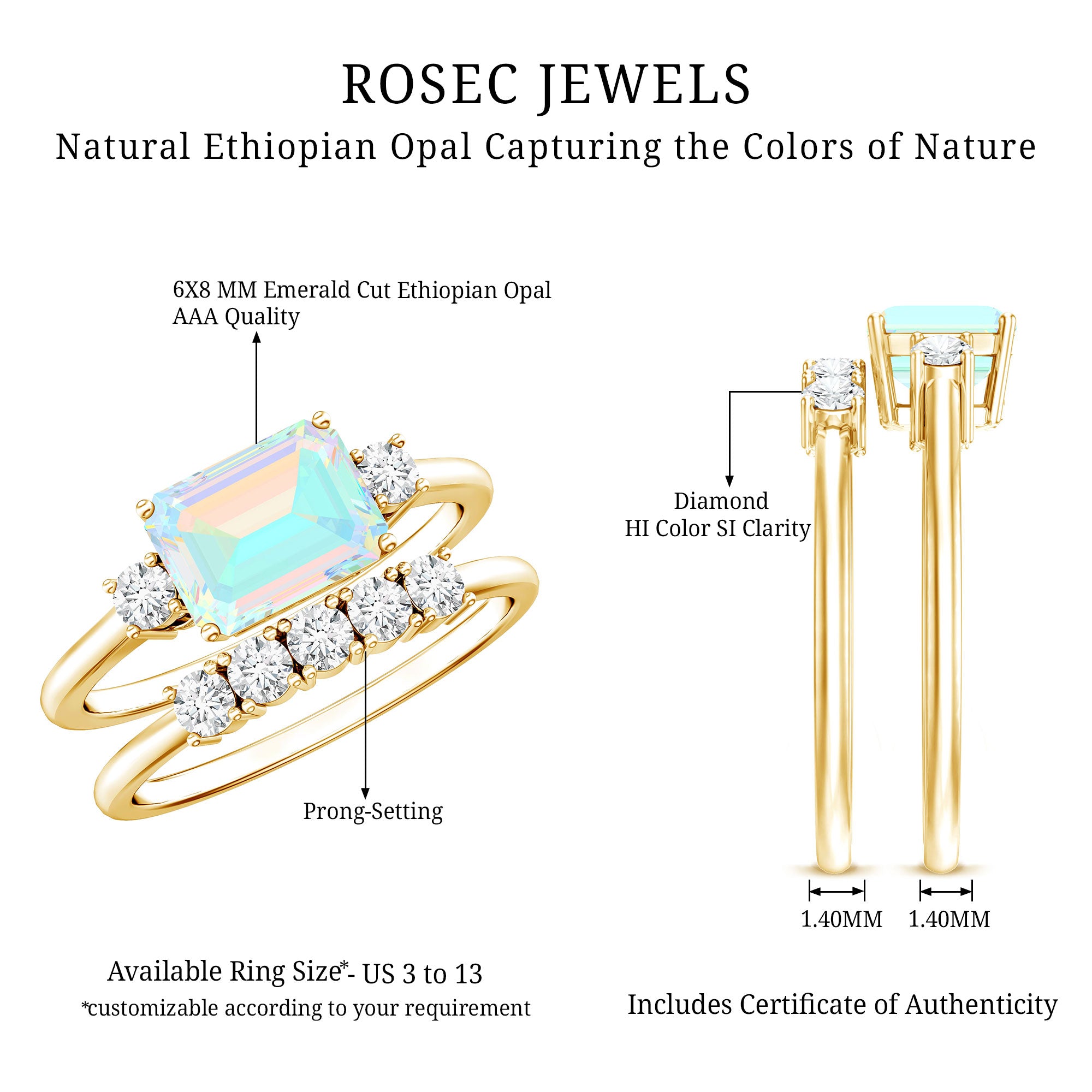 Natural Ethiopian Opal Diamond Emerald Cut Engagement Ring and Wedding Band Set AAA - Rosec Jewels