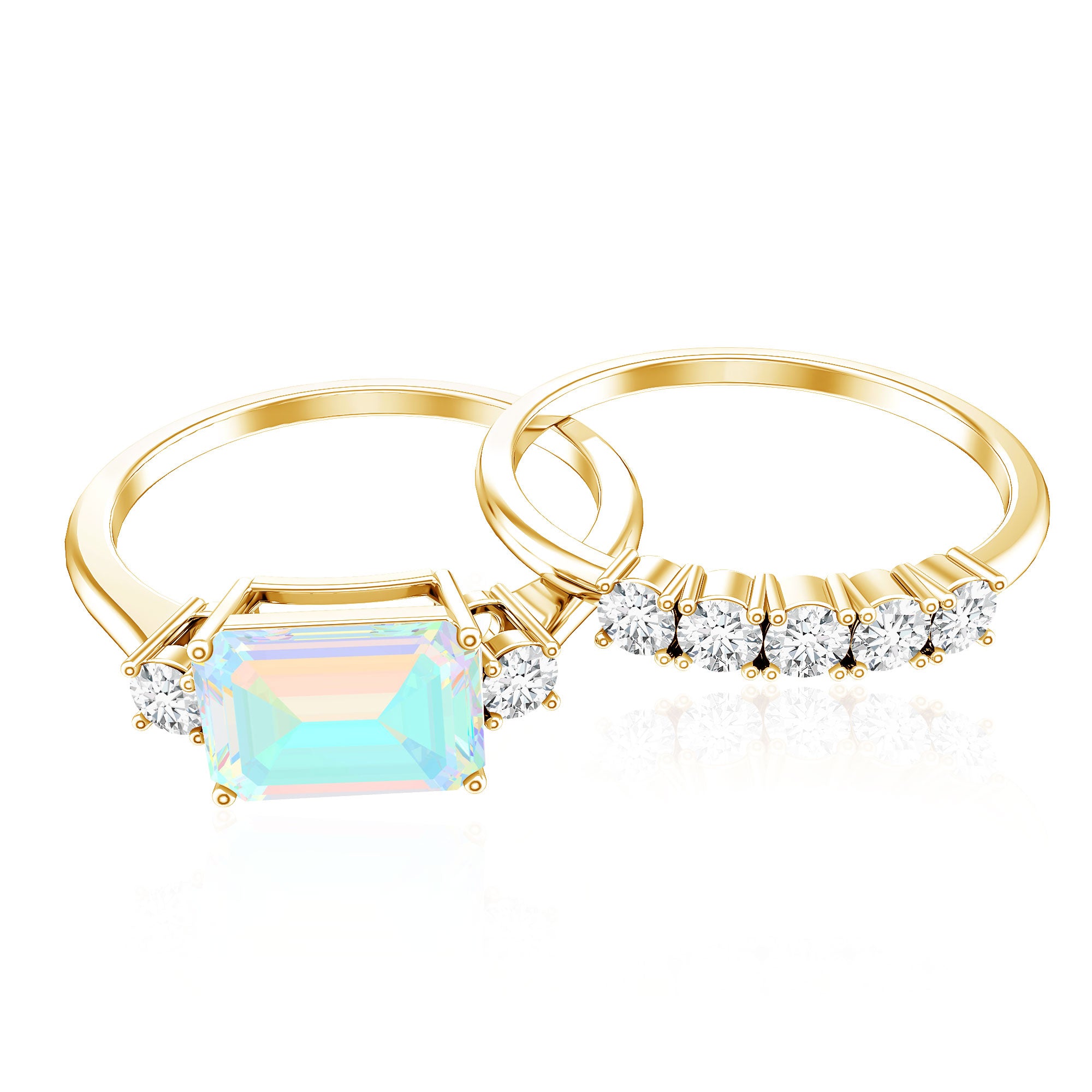 Natural Ethiopian Opal Diamond Emerald Cut Engagement Ring and Wedding Band Set AAA - Rosec Jewels
