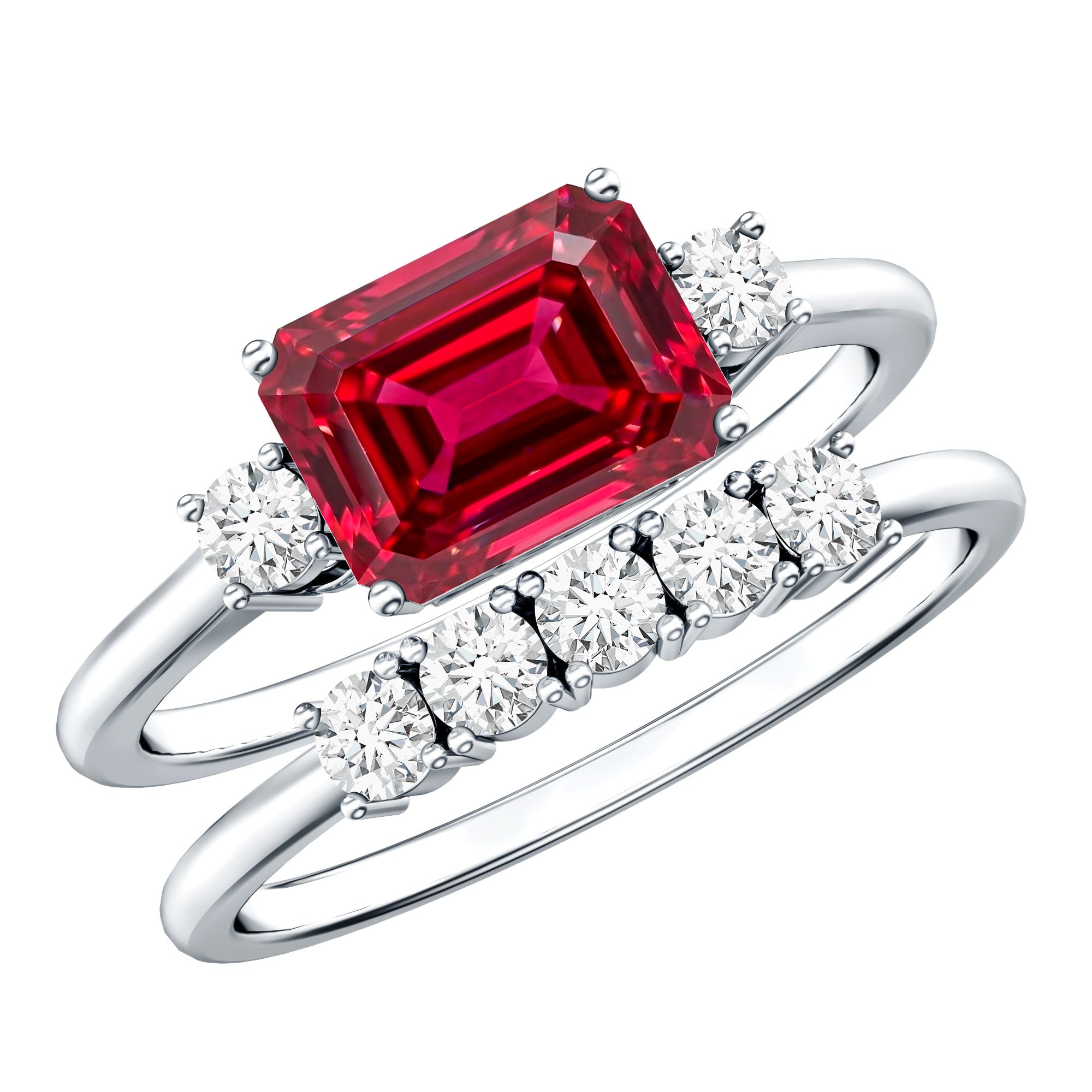 East West Set Emerald Cut Lab Ruby Engagement Ring with Diamond Wedding Band AAAA - Rosec Jewels