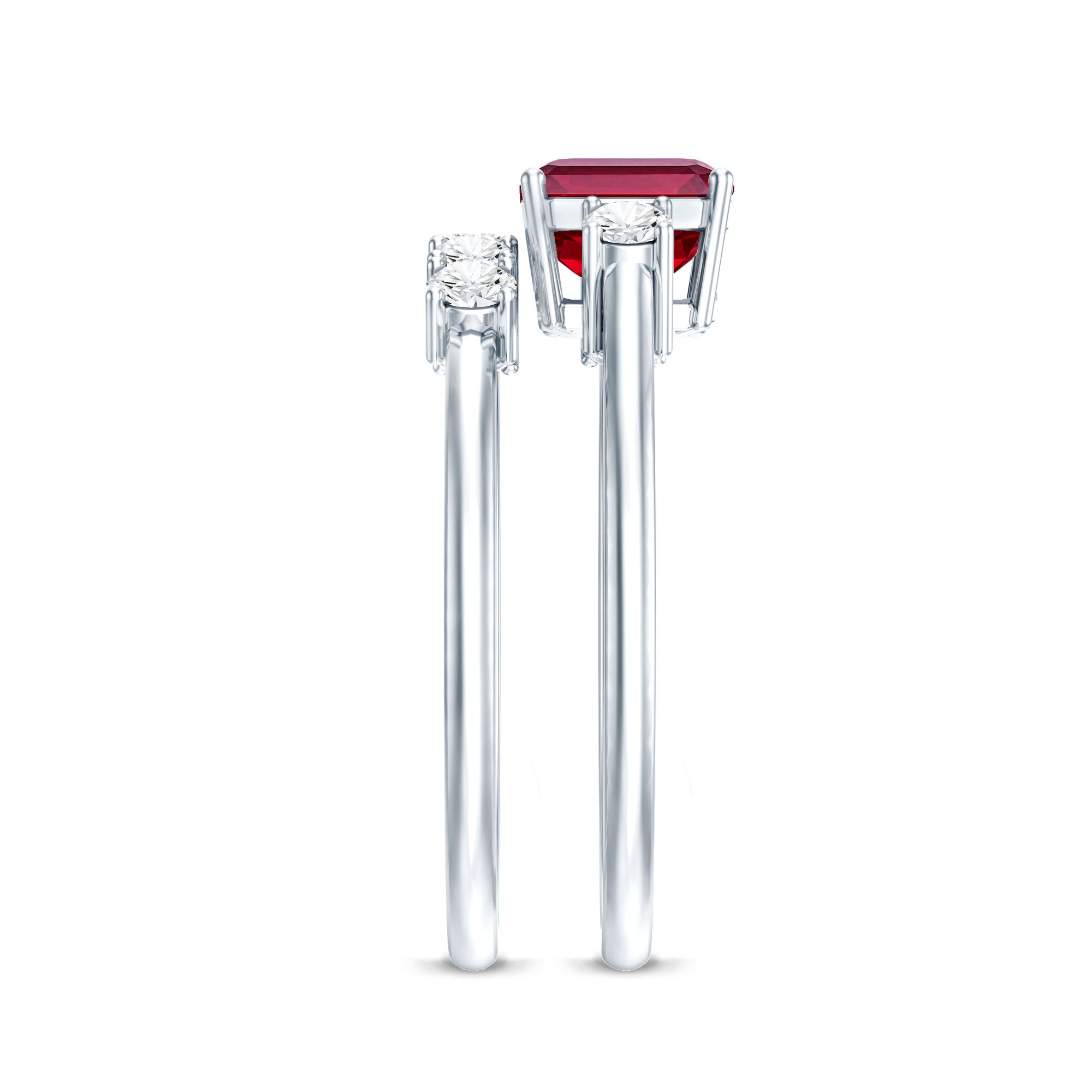 East West Set Emerald Cut Lab Ruby Engagement Ring with Diamond Wedding Band AAAA - Rosec Jewels