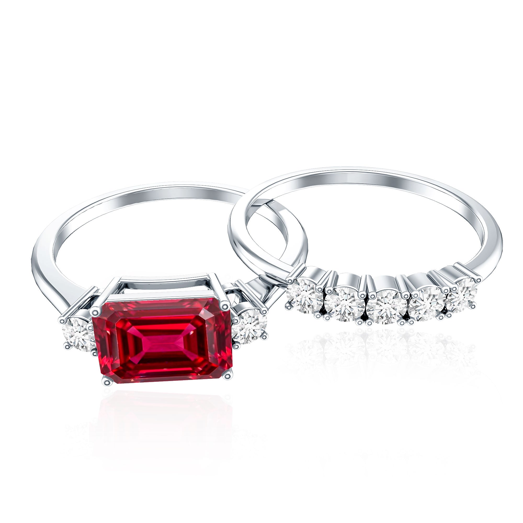 East West Set Emerald Cut Lab Ruby Engagement Ring with Diamond Wedding Band AAAA - Rosec Jewels