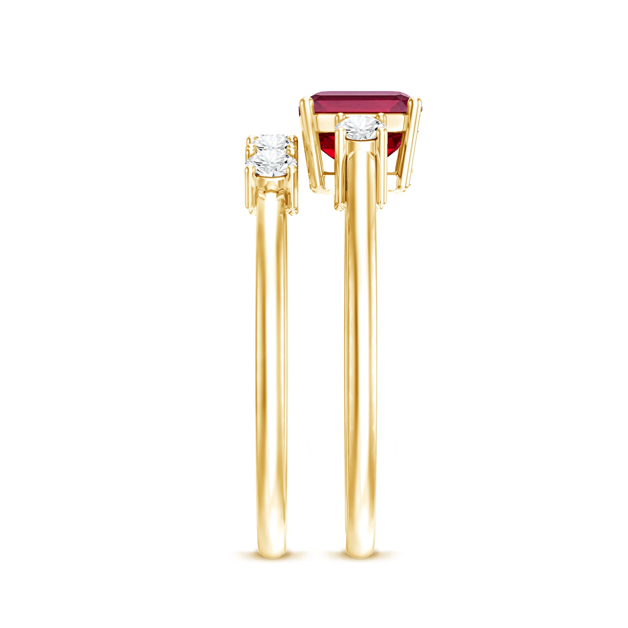 East West Set Emerald Cut Lab Ruby Engagement Ring with Diamond Wedding Band AAAA - Rosec Jewels