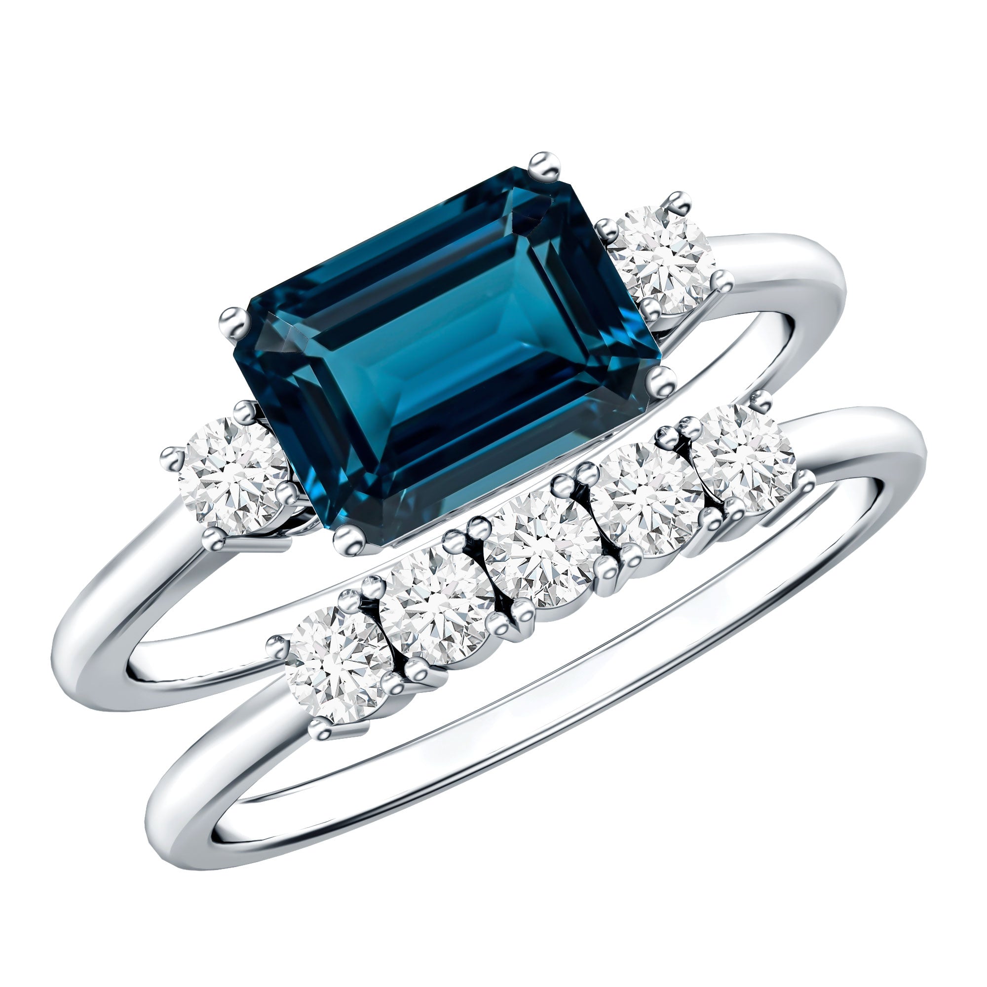Genuine Emerald Cut London Blue Topaz Engagement Ring with Diamond Wedding Band AAA - Rosec Jewels